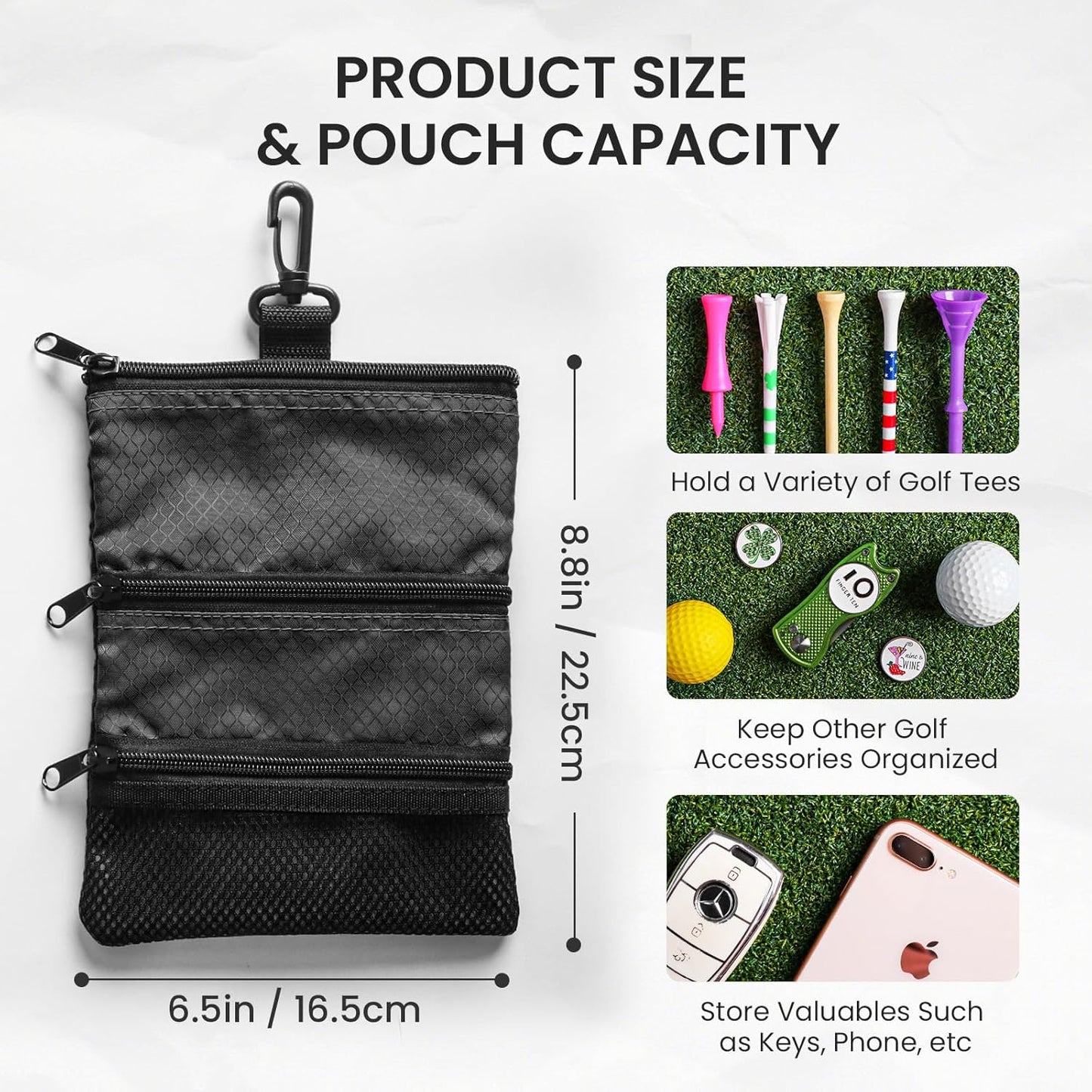 FINGER TEN Golf Pouch Bag for Valuables Tee Color with 4 Golf Pencil Pack, Zippered Pocket Gear Clip Hook to Bag