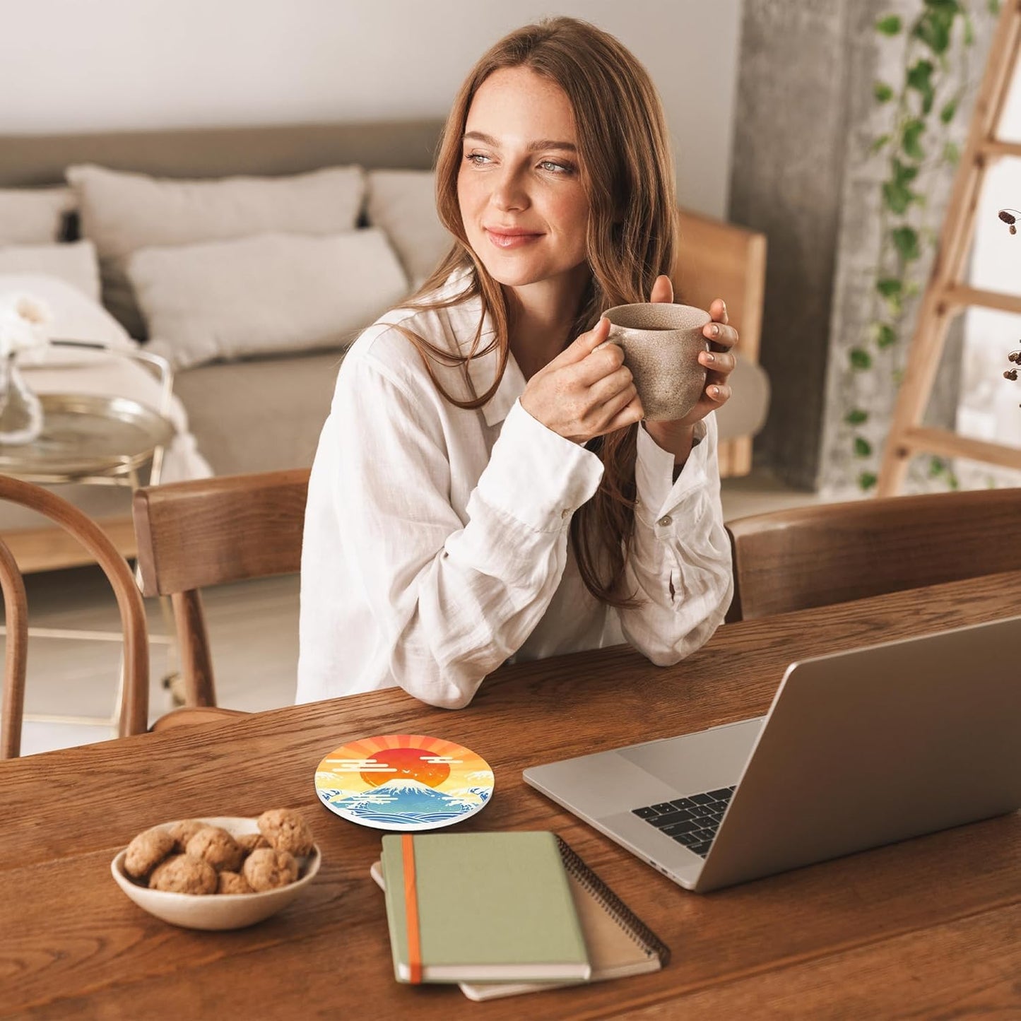 Drinks Coasters Set of 4, Japanese Style Sun Round 4" Cup Coasters, Absorbent Ceramic Stone Coasters with Cork Base, Cute Coasters for Table Home Décor, Ideal Gifts for Women Men