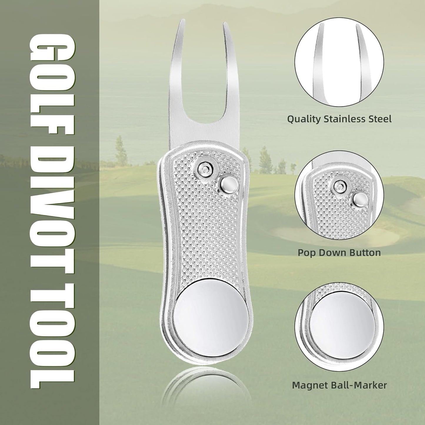 Mile High Life Golf Divot Repair Tool, All Metal Foldable Divot Tool with Pop-up Button & Magnetic Ball Marker