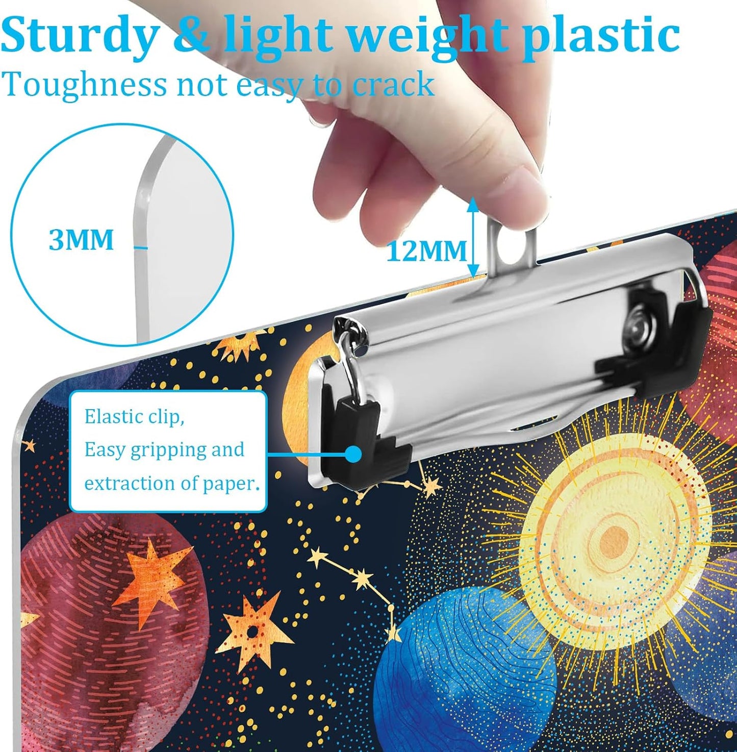 Galaxy Space Design Letter Size Plastic Clipboards for Students Women Man and Kids A4 Standard Size 8.7 x 12.5 with Low Profile Metal Clip