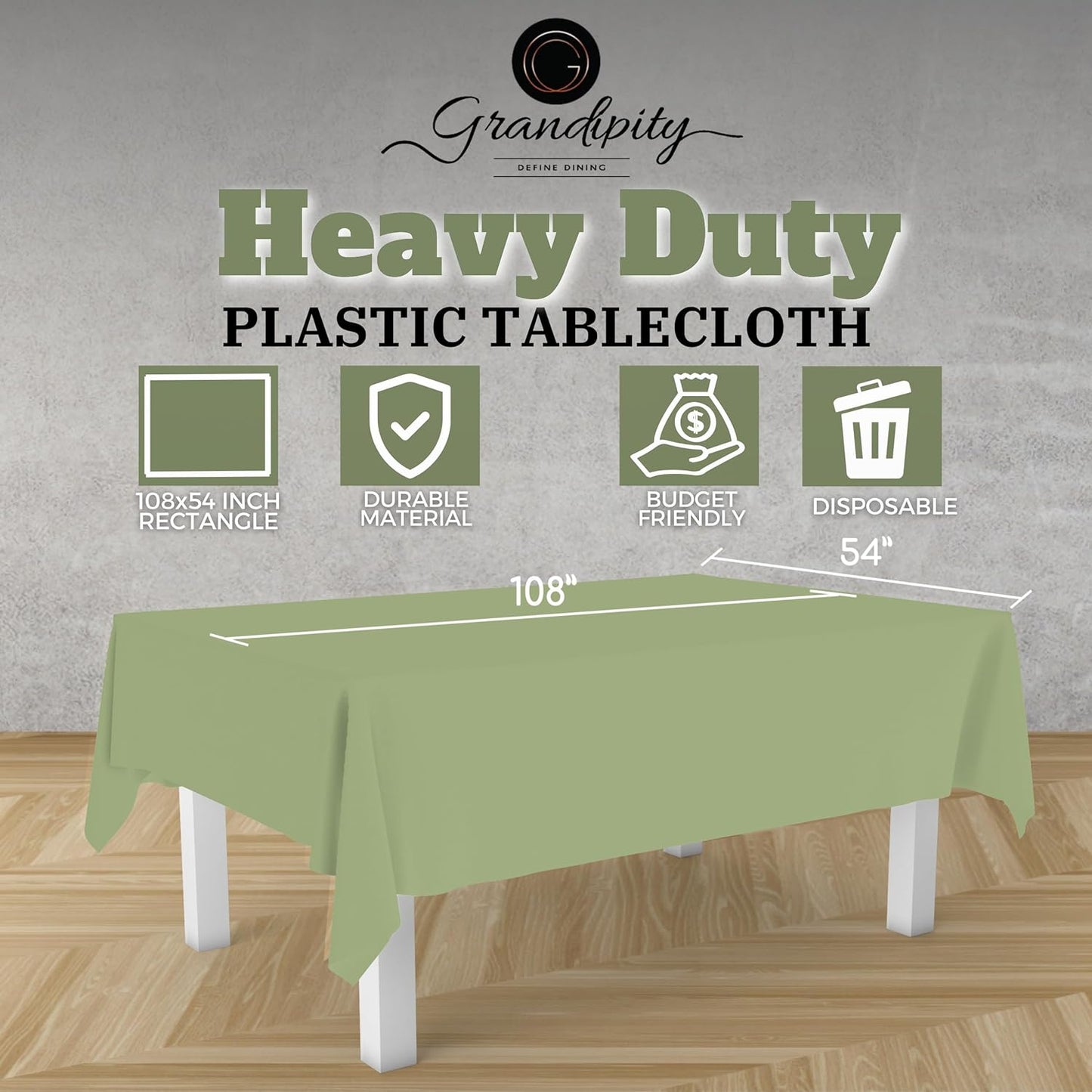Grandipity 12 Pack Premium Disposable Plastic Tablecloth 54 Inch. x 108 Inch. Rectangle Table Cover - Sage Green