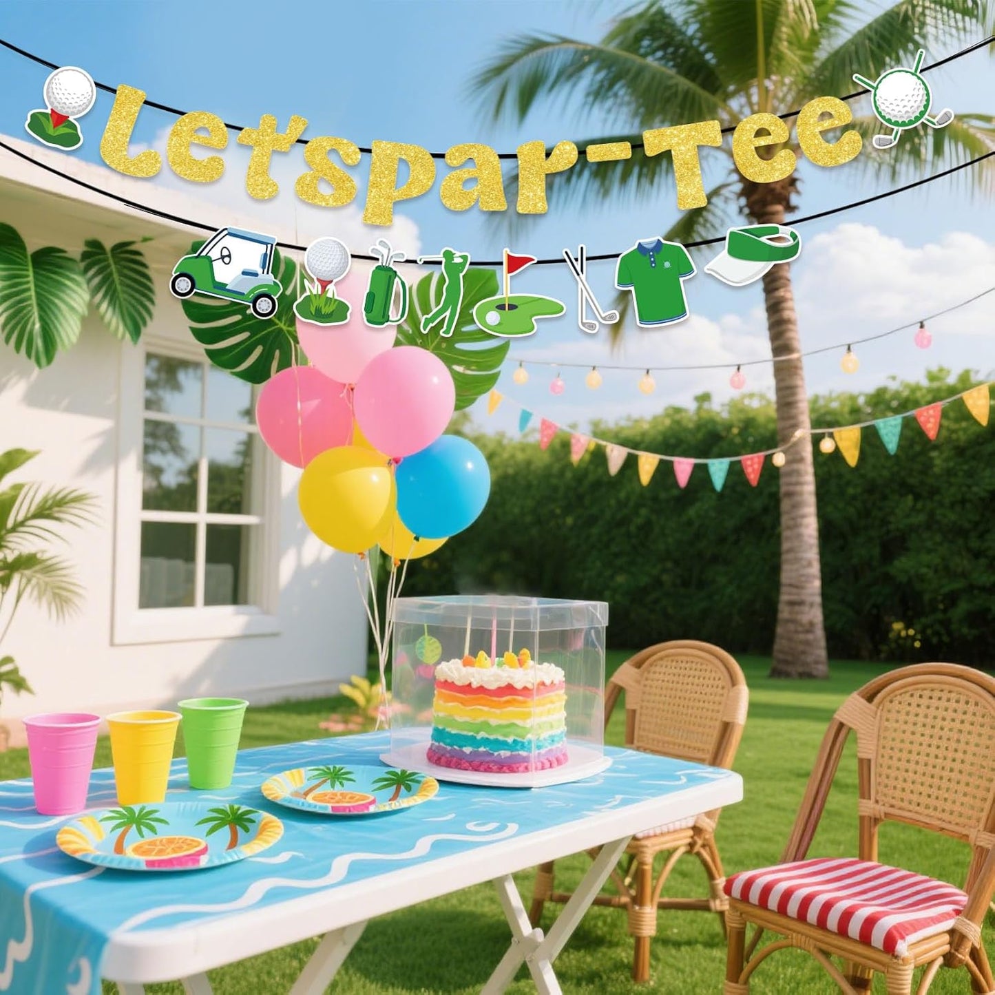 Let’s Par-Tee Banner, Pre-Strung Golf Theme Birthday Banner Glitter Garland Hanging Golfer Birthday Decorations Retirement Party Decor for Sport Lovers Photo Props Baby Shower Party Supplies