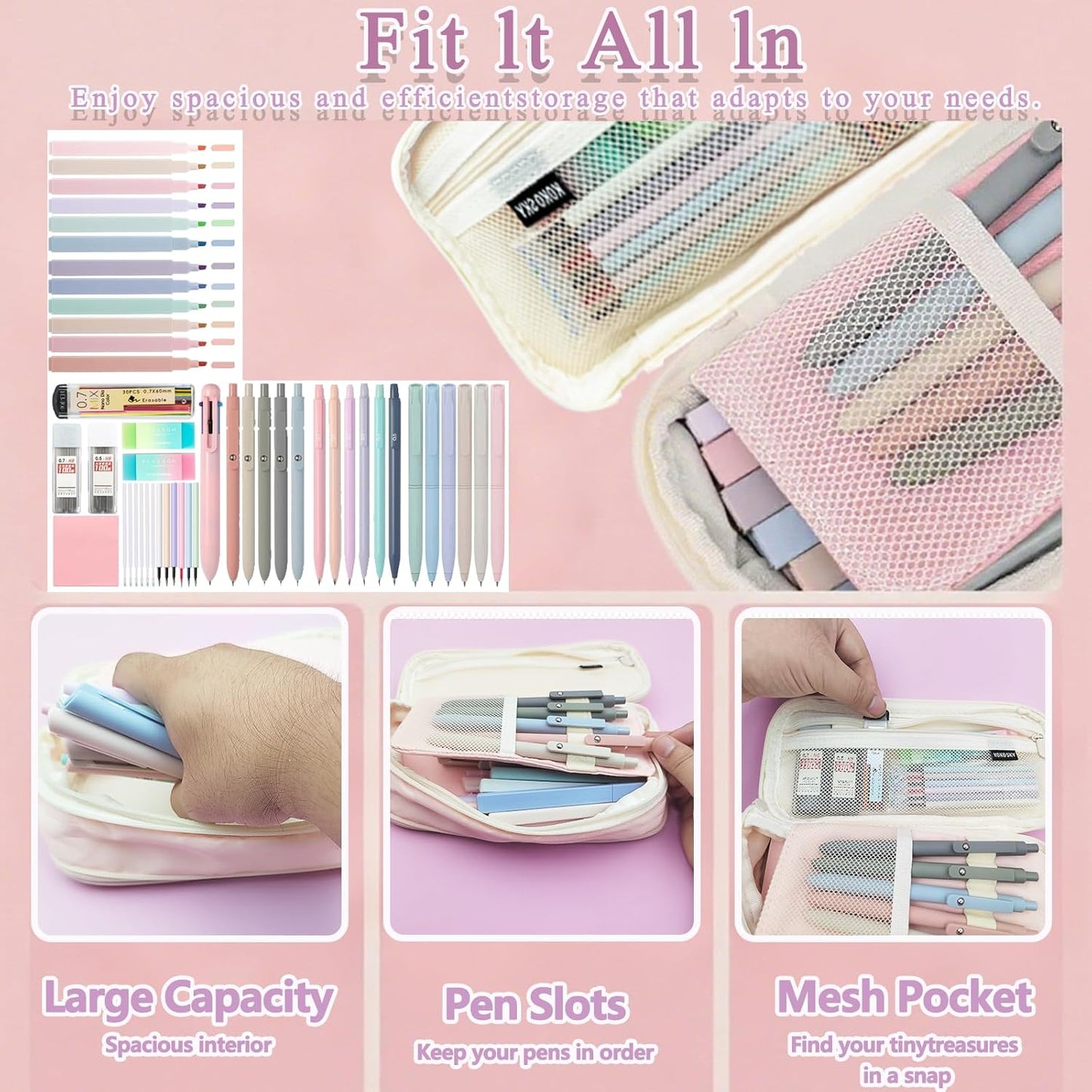 55 PCS Aesthetic School Supplies Set: Large Pencil Case with 5 Inspirational Pens,12 Pastel Highlighters, 6 Morandi Gel Pens, 6 Mechanical Pencils (0.5/0.7mm) for Student Essentials & College Girls