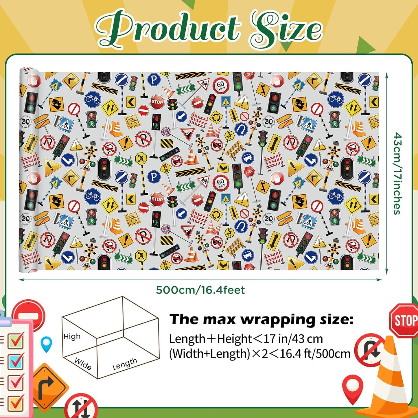 Traffic Sign Wrapping Paper Roll - 17Inch x16.4Feet - Road Street Traffic Lights Sign Theme Gift Wrap for Transportation Parties,Birthday,Celebration