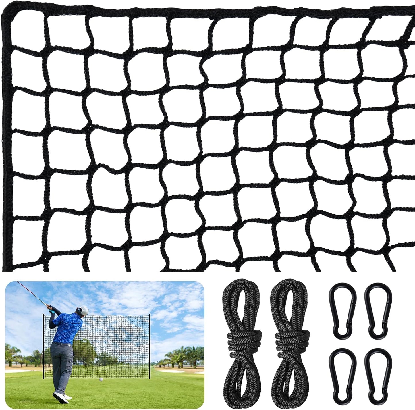 Nylon Golf Net 10-50ft - Practice Hitting Net With Rope and Carabiners, Durable Weatherproof Barrier for Baseball, Hockey, Soccer