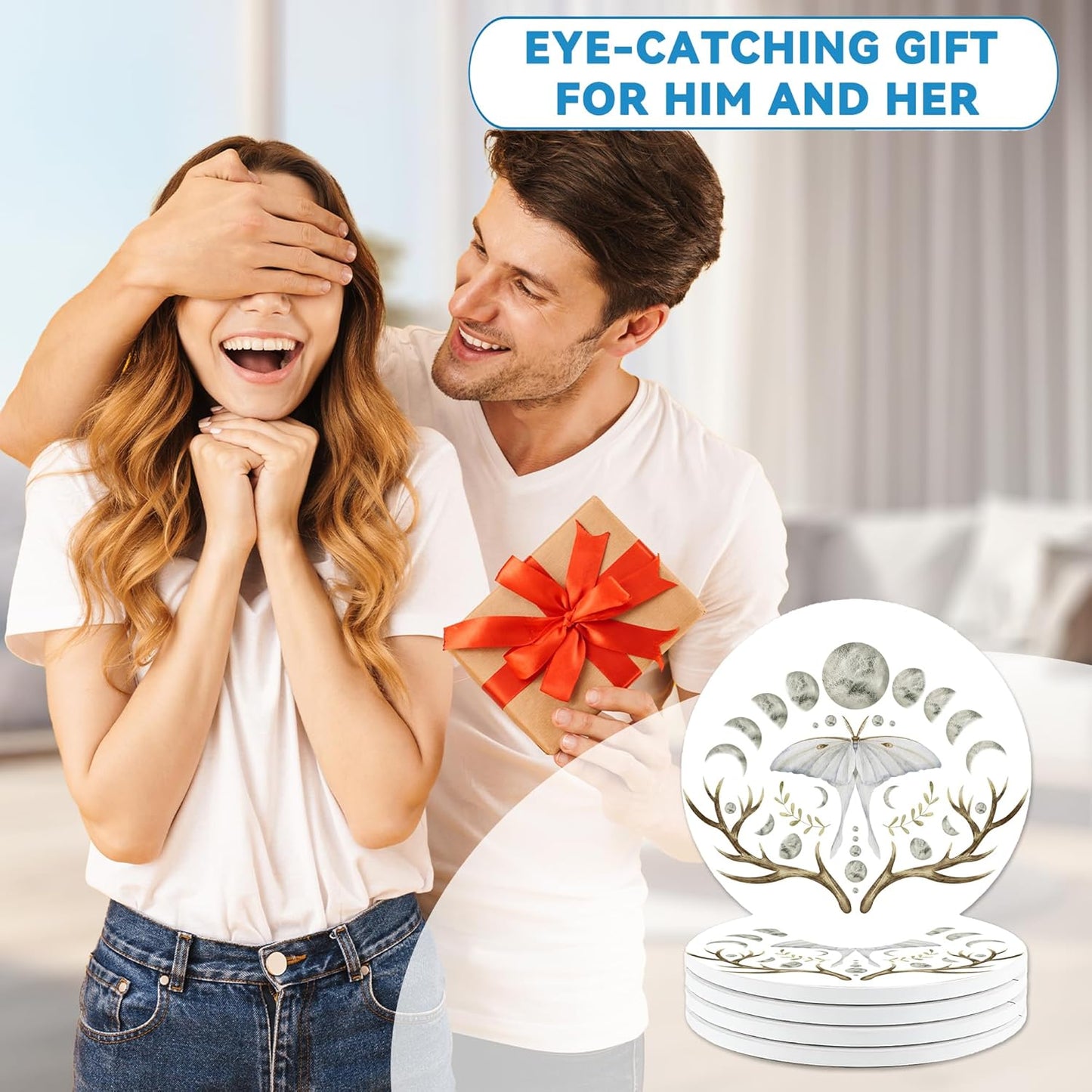 Drinks Coasters Set of 4, Luna Moth Round 4" Cup Coasters, Absorbent Ceramic Stone Coasters with Cork Base, Cute Coasters for Table Home Décor, Ideal Gifts for Women Men