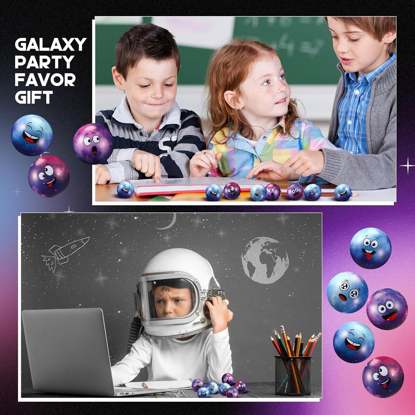 12 Pcs Mini Face Stress Balls for Boys Girls Sport Funny Face Squeeze Foam Balls for Stress and Anxiety Relief for Party Favors Birthday Gift Decoration(Galaxy,1.97")