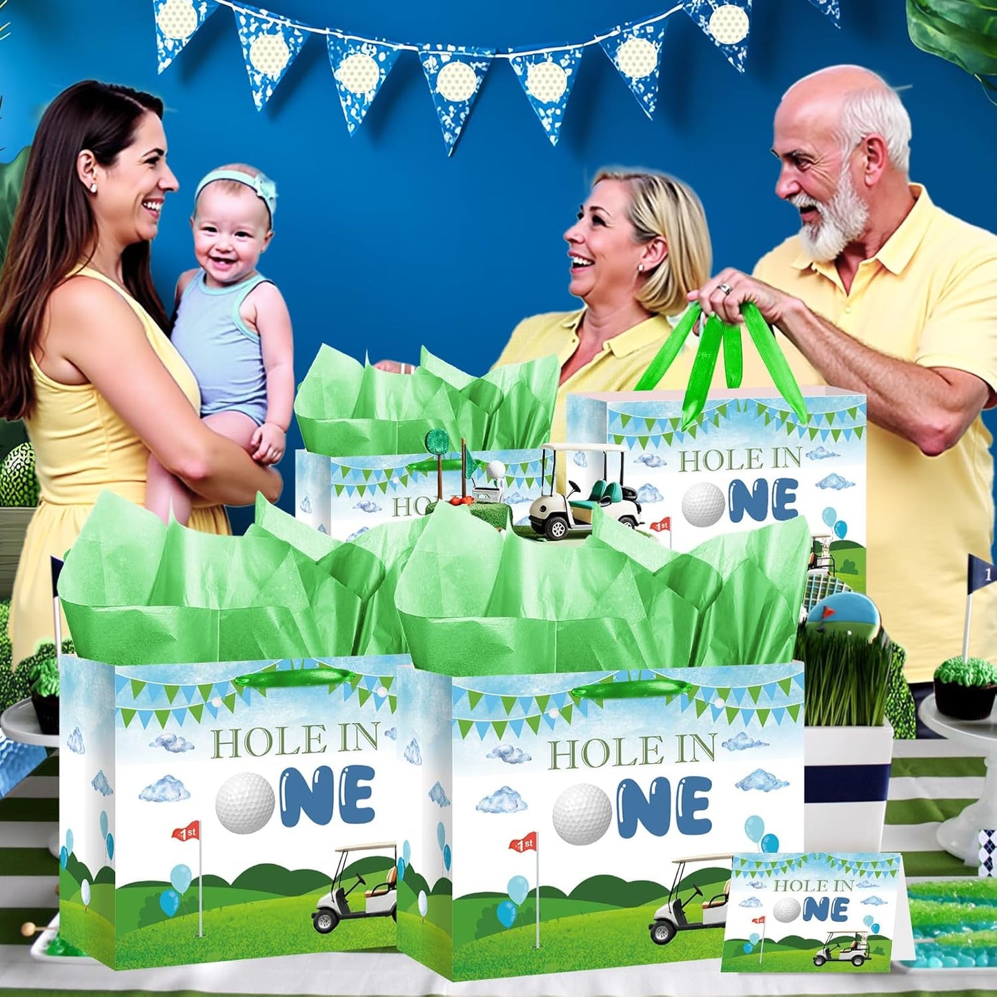 Hole in One Birthday Decorations Hole in One Gift Bag Golf First Party Bag Green 1st Birthday Wrapping Bag with Greeting Card and Tissue Papers for Boys Girls Newborn Baby Shower One Year Old Themed Bday Party Supplies