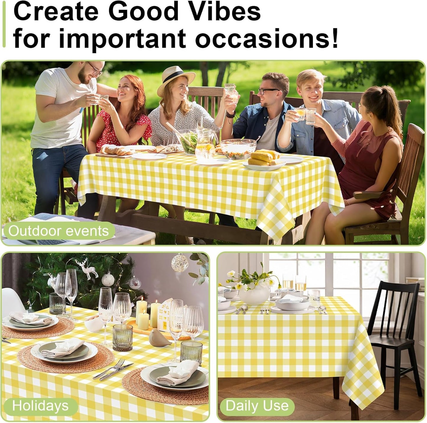 QIKSION Yellow Gingham Tablecloth Disposable 12 Pack, 54 x 108 Inch Yellow and White Checkered Table Cloth for Rectangle Tables, Plastic Table Cover