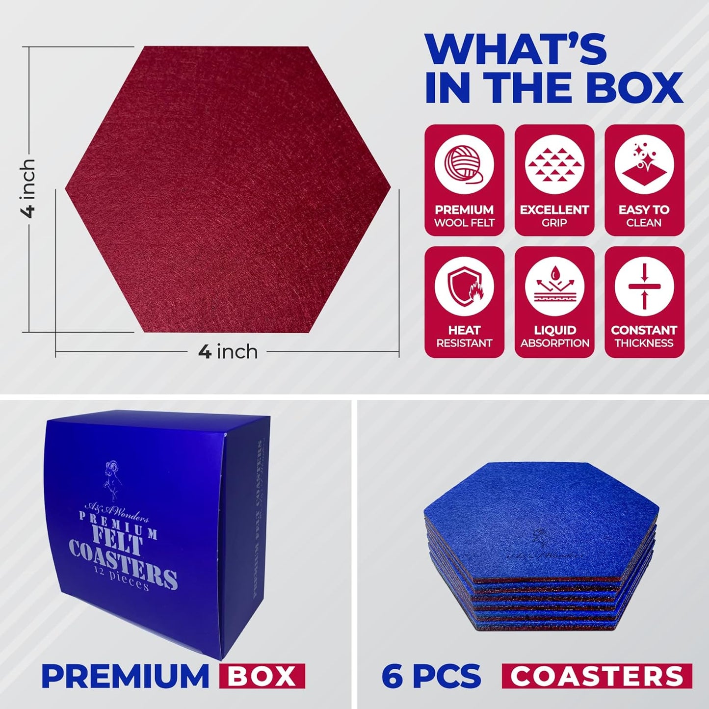 A&A Wonders Premium Felt Coasters for Drink, Absorbent Felt Protects Furniture, Table, Anti Slip, Absorbent, Suitable for Drinks & All Table Types (Wine Red/Royal Blue, Hexagon 6 Pack)