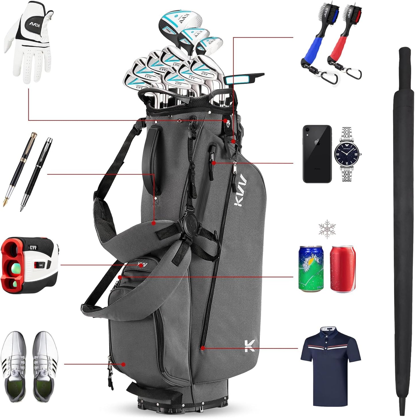 KVV Lightweight Golf Stand Bag with 7 Way Full-Length Dividers, 5 Zippered Pockets, Automatically Adjustable Dual Straps，Elegant Design