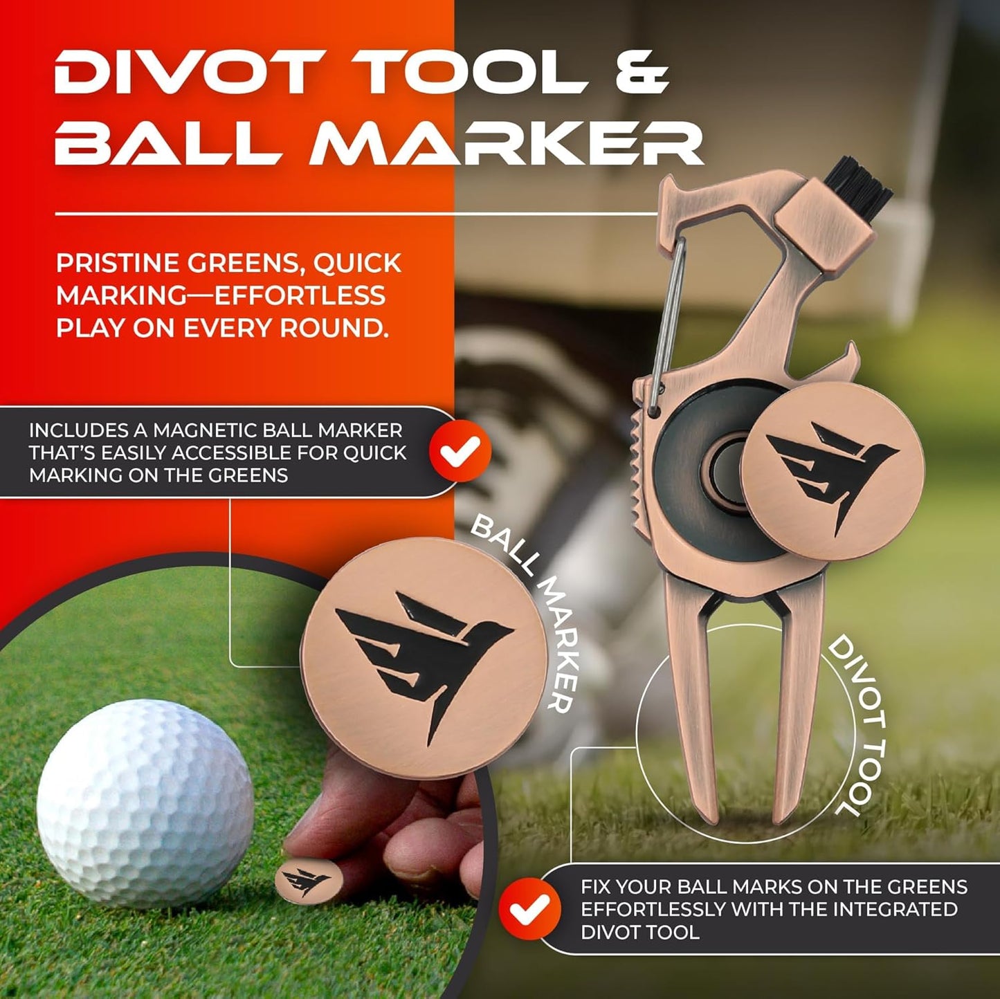 SWIFTEE Golf Divot Pitch Mark Repair Tool 7-in-1 - Club Holder, Brush, Clip Buckle, Groove Cleaner, Bottle Opener, Ball Marker, Divot Tool - Gift Box Included