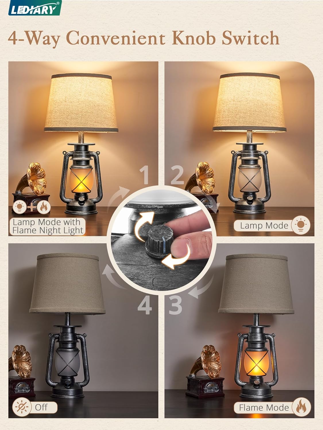 LEDIARY 18.72" Sliver LED Lantern Flickering Flame Table Lamps for Bedrooms Set of 2, Small Farmhouse Rustic End Table Lamps, Halloween Decorative Lantern Bedside Lamps for Living Room