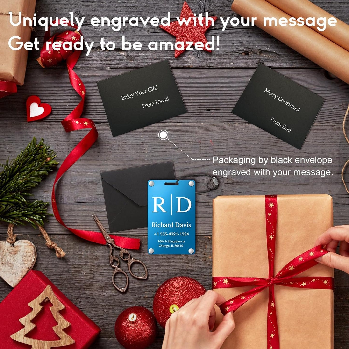 Personalized Luggage Tags for Suitcases - Monogram Style Aluminum Custom Luggage Tags for Backpacks & Bags, Sturdy, Waterproof & Heavy Duty (Blue/Card-Sized)