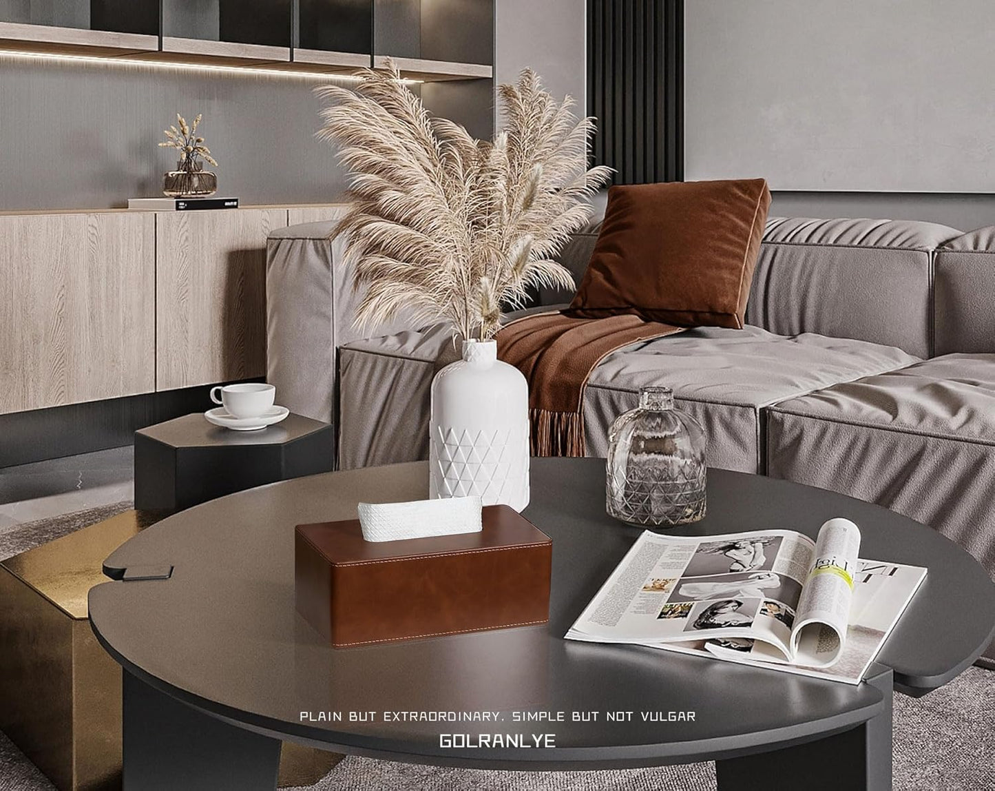 Tissue Box Cover Rectangular 9.8"(L) x 5.3"(W) x 4.3"(H) Refined Modern PU Leather Facial Tissue Dispenser Box Holder for Dresser Bathroom Decorative (Brown)