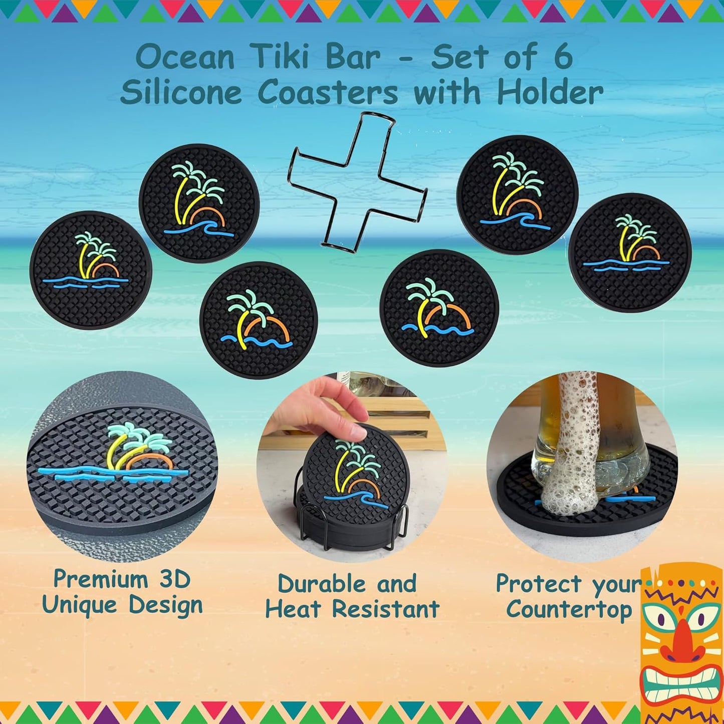 Tiki Bar Ocean Beach Coasters Set of 6 with Holder, Tiki Bar Decor Silicone Nautical Coasters, Hawaiian and Luau Decorations, Beach Theme Coastal Decor, Tropical Chill and Surf Waves Styles