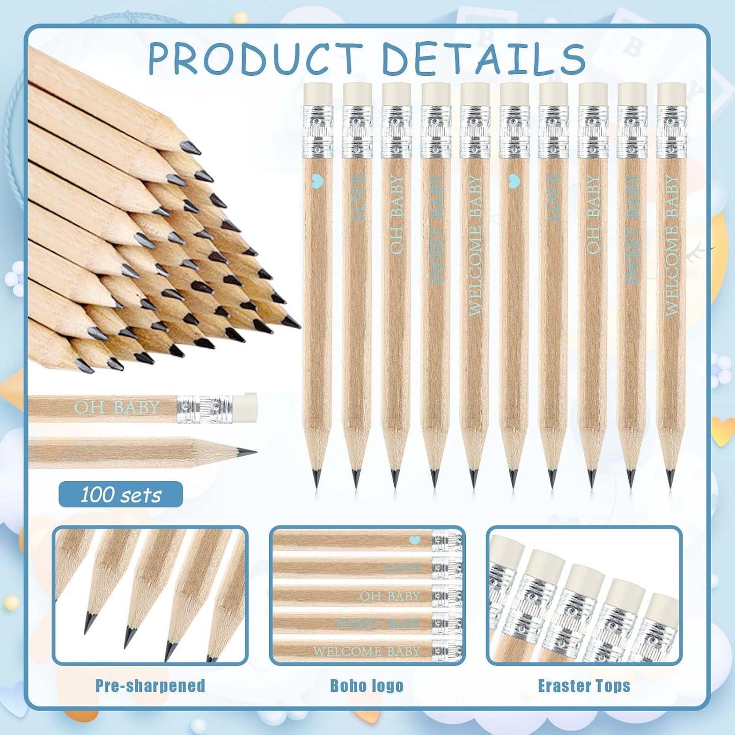100 Sets Blue Baby Shower Pencils Gifts Bulk for Guest Golf Half Pencils Baby Shower Game Sharpened Mini Pencil with Eraser It's A Boy Gender Reveal Party Favors