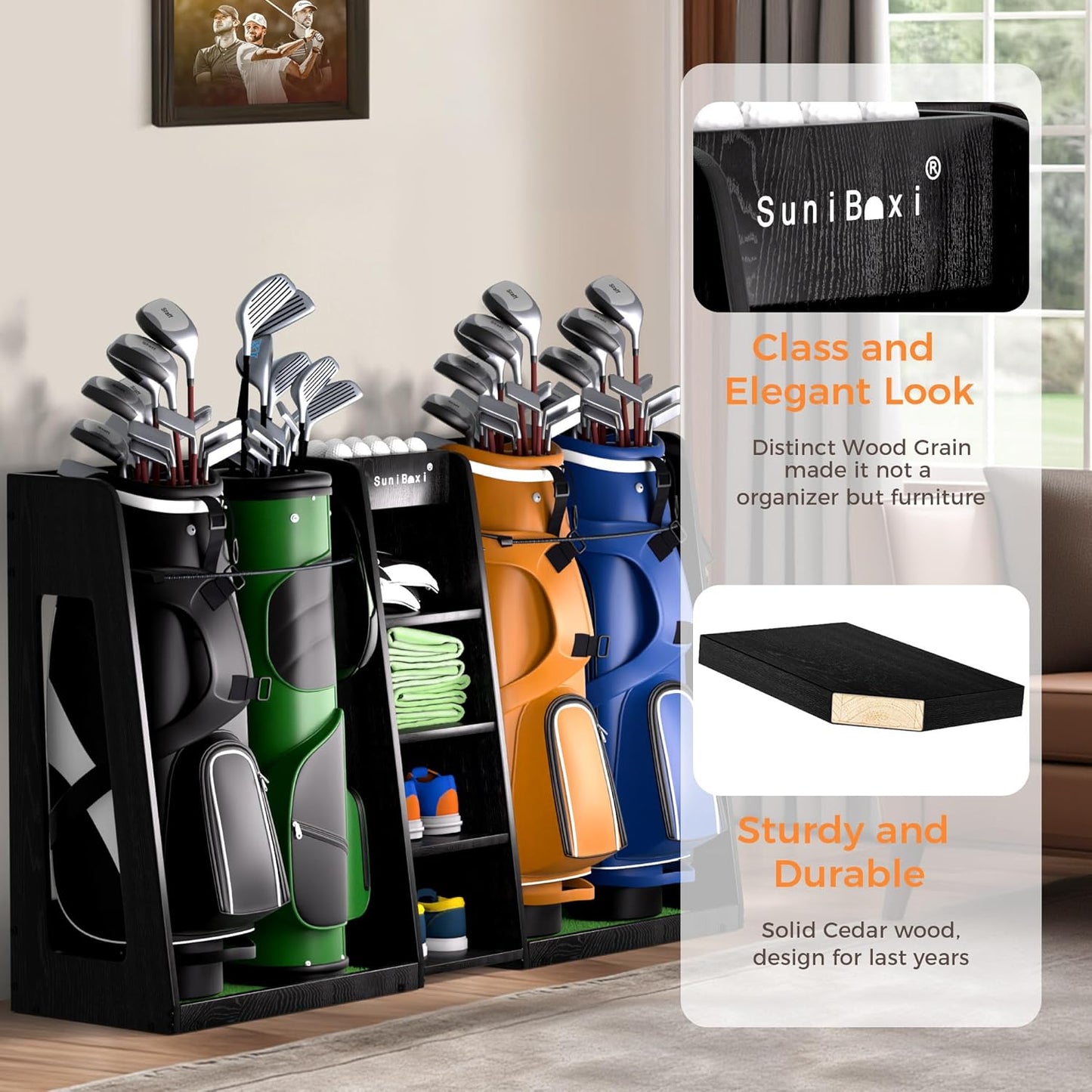 Wooden Golf Storage Organizer for Garage, Premium Golf Bag Holder Rack for Golfing Accessories, Great Gift for Golfers,Husband, Dad