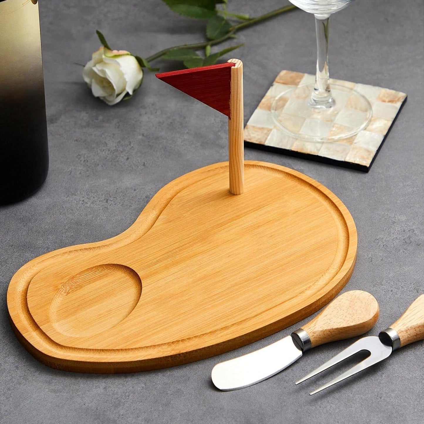 Golf Cheese Board Gift Set Party Favor Prizes Charcuterie Wood Board with Knives and Box Father Day Gift for Dad Grandpa Party Tournament Game (9.8" x 7.7", Bamboo Color)