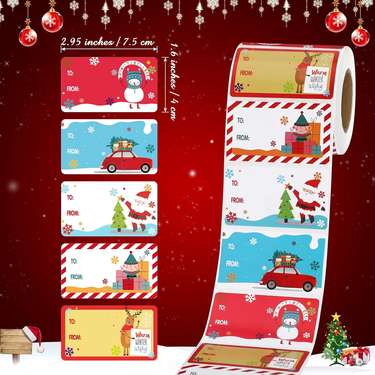 Outus 500 Pieces Christmas Tags Self Adhesive Gift Tags for Xmas Presents Christmas Name Labels Stickers for Wrapping Paper Festival Birthday Holiday Decor(Cartoon Style,2.95 x 1.6 Inch)