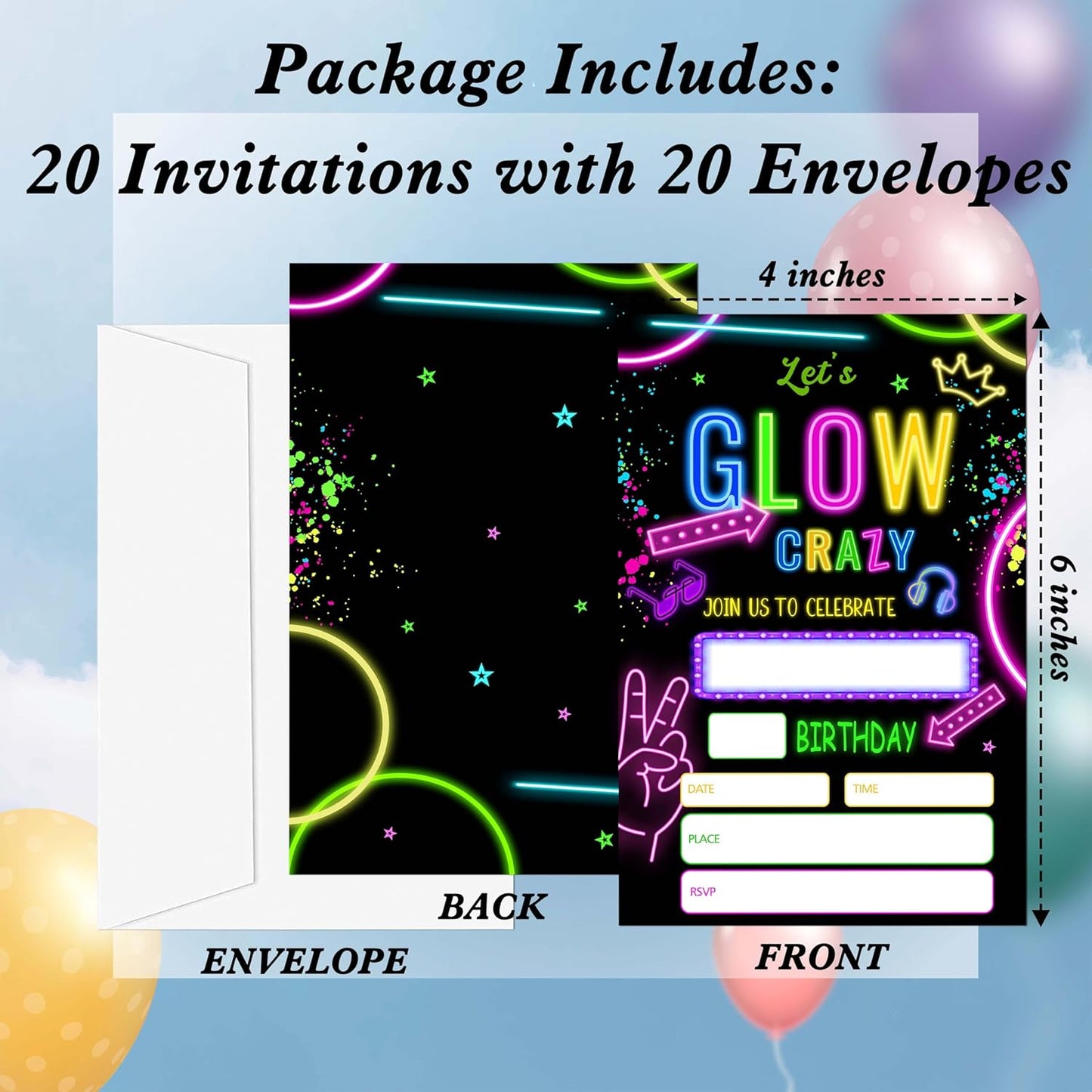Let's Glow Crazy Birthday Invitations, 20 Invitation Cards with Envelopes, Retro Neon Theme Invites for Party Decorations Favor Supplies - A27
