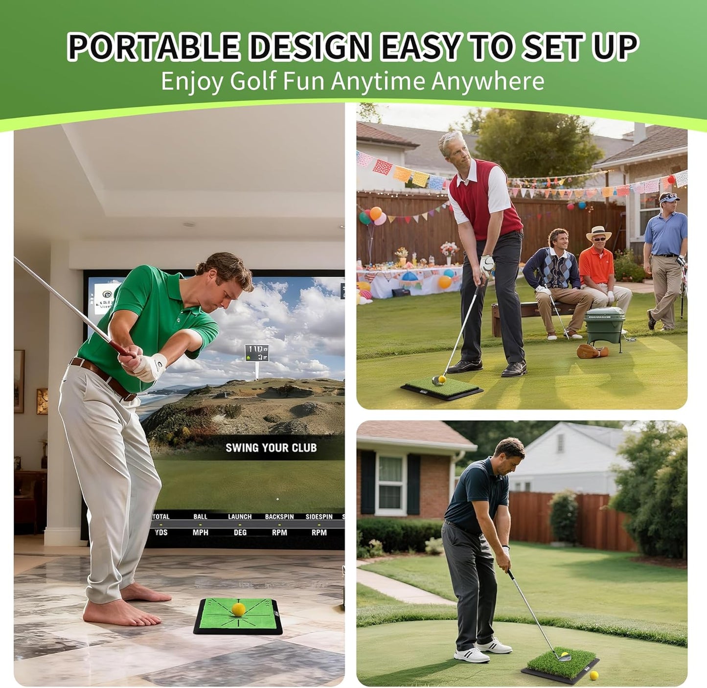 Golf Hitting Mat – Golf Pratice Mat with Longer Swing Path Trajectory, 3-in-1 Includes Fairway, Rough & Putting Pad Training Mats on No-Slip Rubber Base, Golf Hitting Mats, Simulator Must Haves