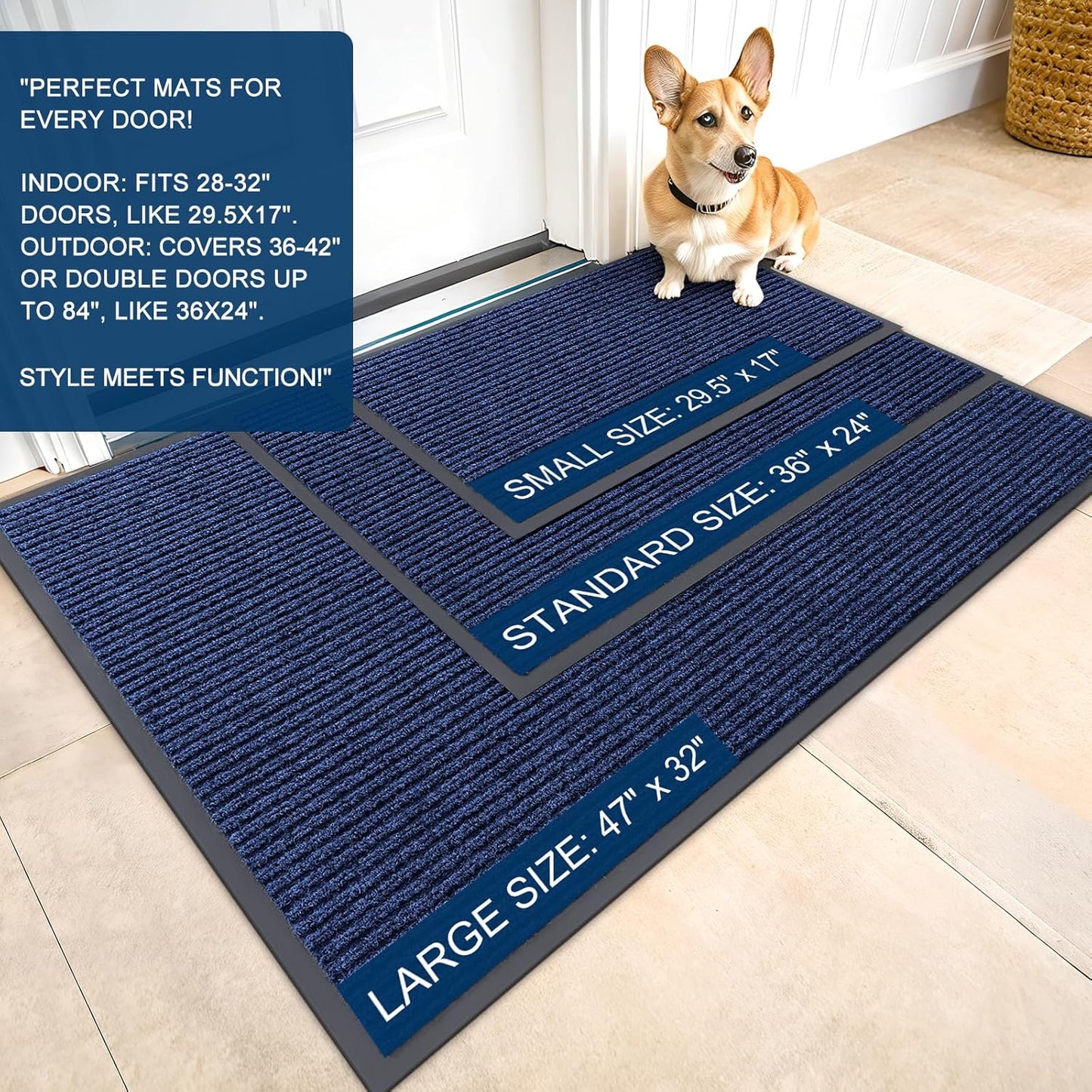 OLANLY Front Door Mat Indoor Outdoor Entrance, Waterproof Heavy Duty Doormat, Fade Resistant, Low Profile, Easy Clean Patio Porch Welcome Floor Mats for Entry, 59x23, Blue