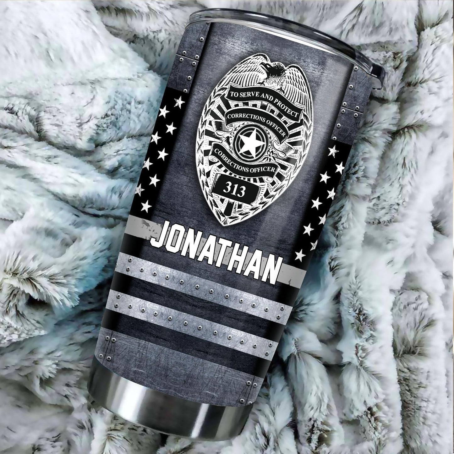 Custom Name Badge Correctional Officer - Thin Silver Grey Gray Line American Flag Coffee Tumbler - Patriot Pride Gifts - Corrections Officer Police Gifts - Tumbler With Lid