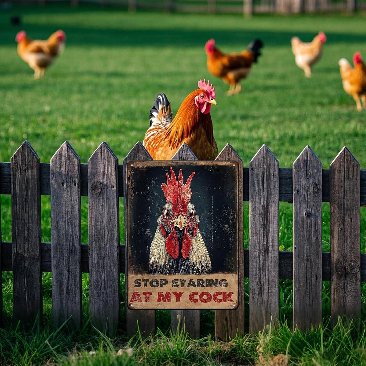 Vintage Farm Sign Chicken Stop Staring At My Cock Farmhouse Metal Tin Sign 12x16 Inch Home Wall Decor