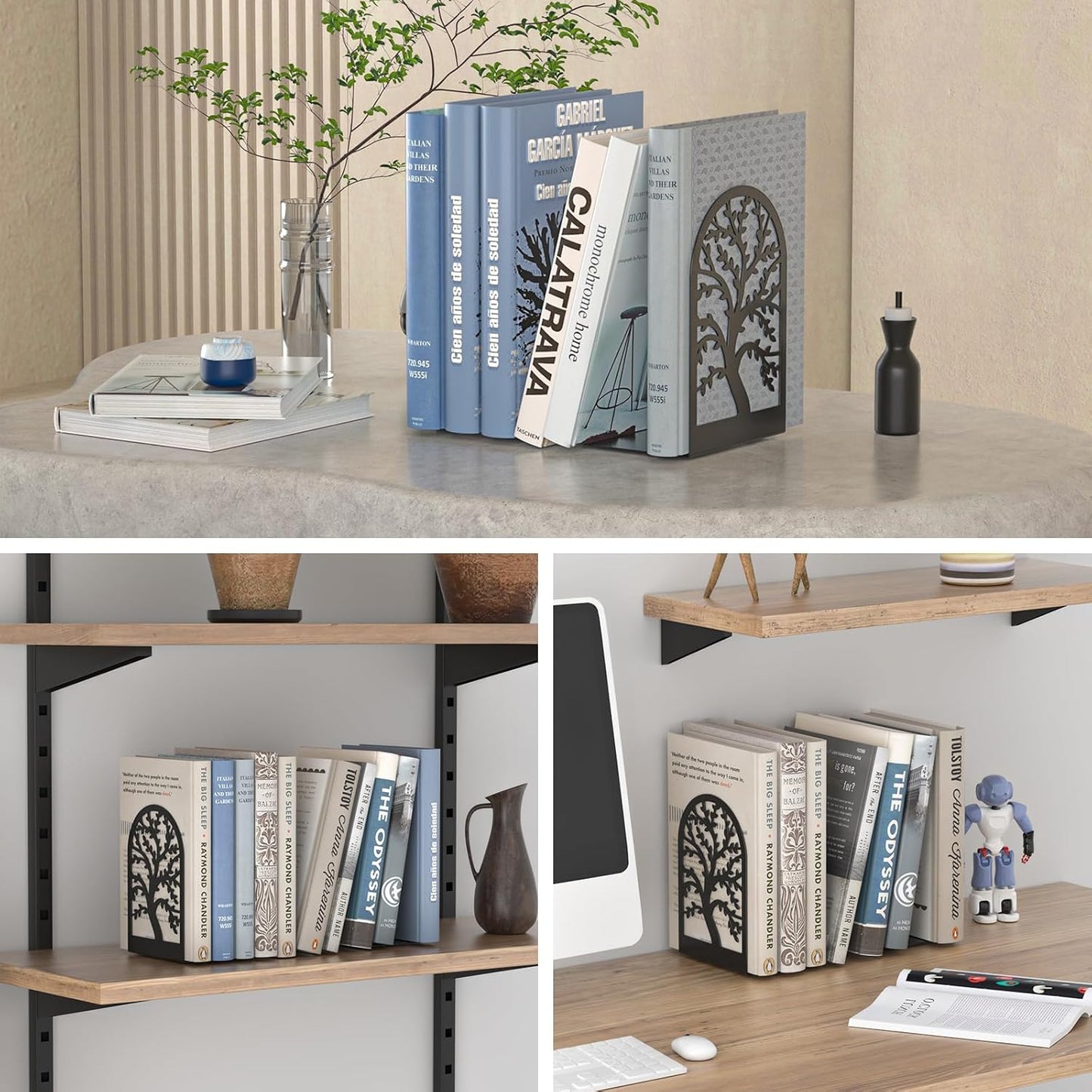 VFINE Decorative Bookends 3 Pairs, Tree Metal Bookends, Unique Black Book Ends to Hold Books, Book Holder for Heavy Books, Home Decorative Book Stoppers for Shelves (6 Pieces)
