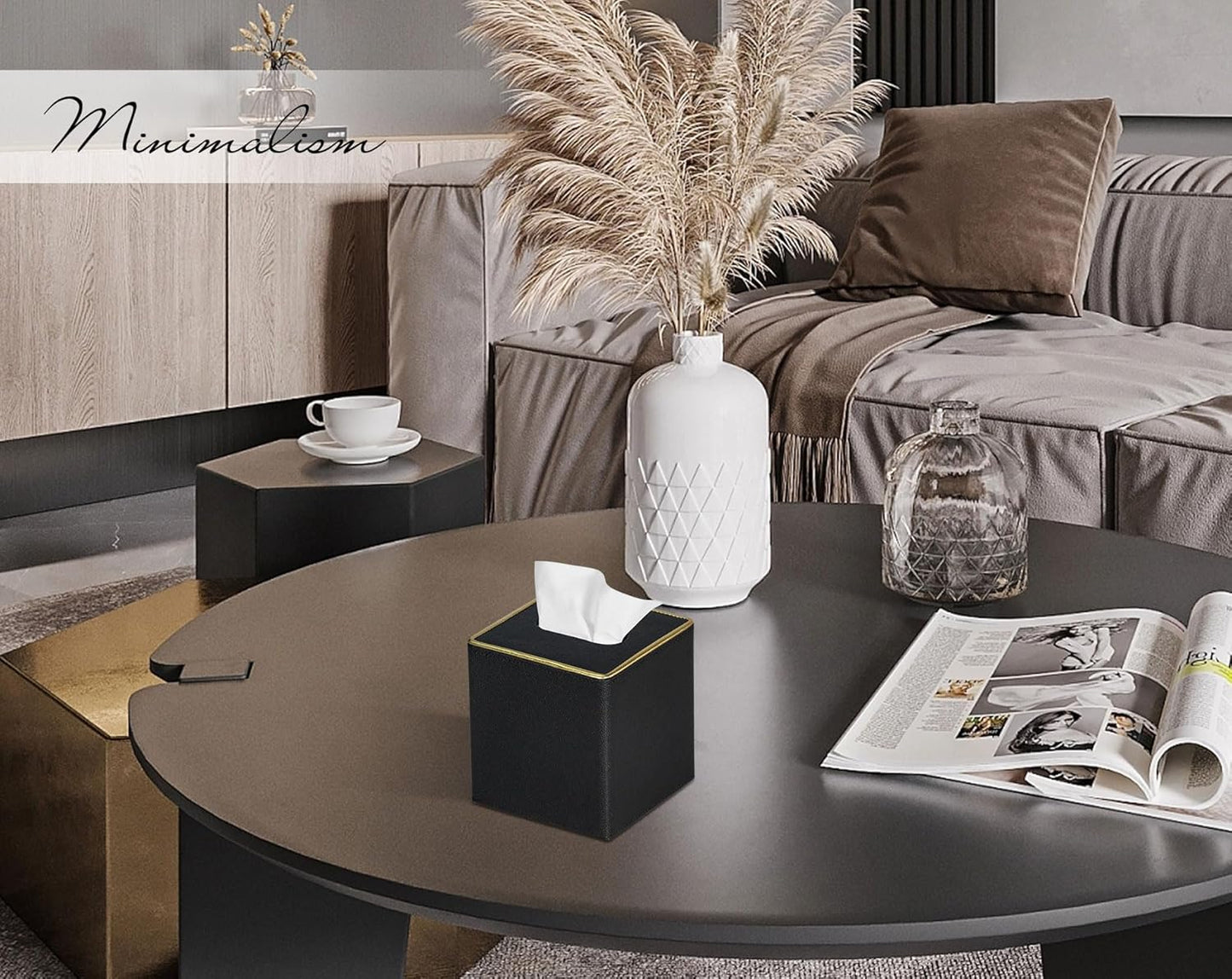 Tissue Box Cover Square PU Leather Facial Tissue Box Holder for Dresser Bathroom Decor (Black Pearl)