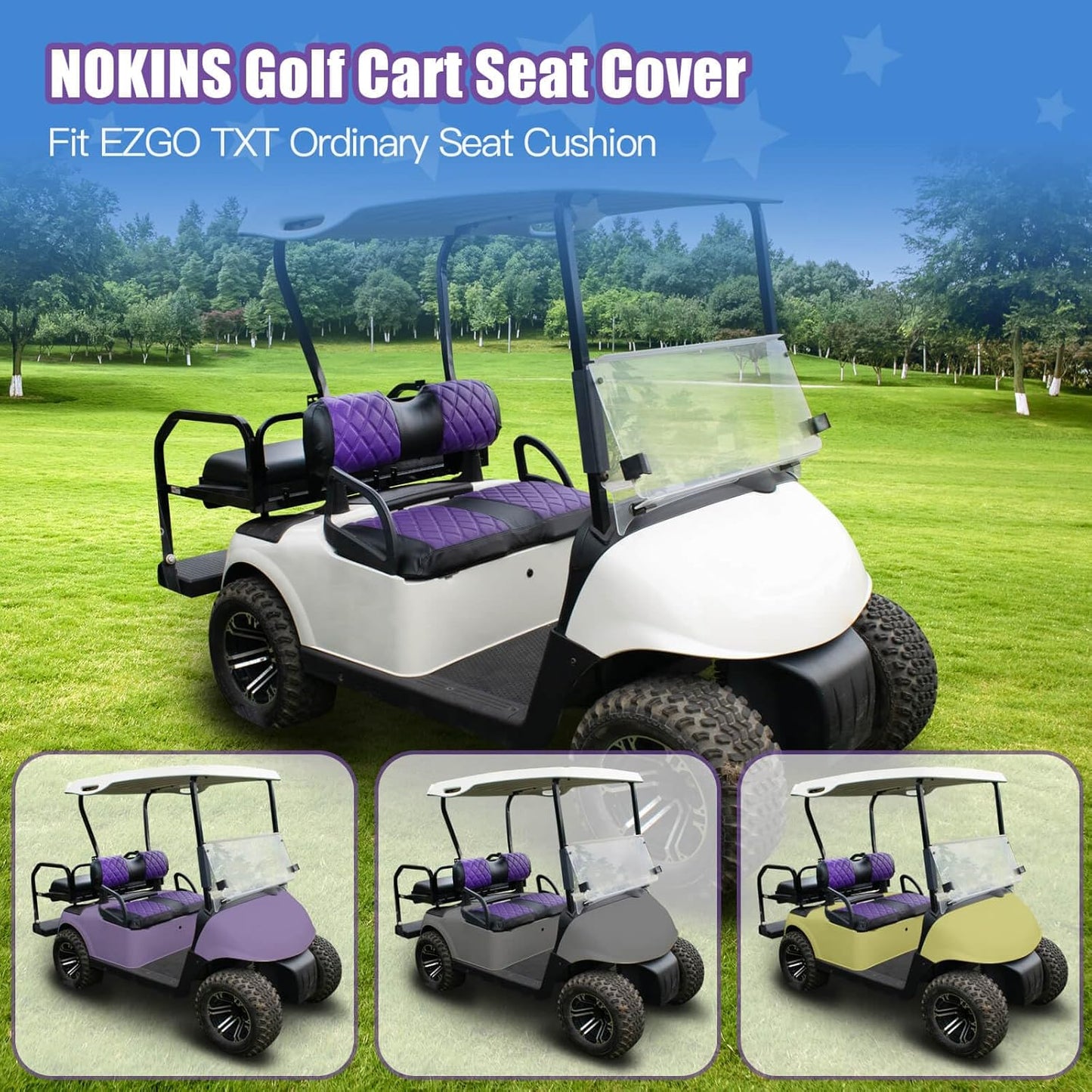 NOKINS Golf Cart Diamond Seat Covers Kit, Fit for EZGO TXT 1994-2013/EZGO RXV OEM Standard Front Seat Cushion, Golf Cart Vinyl Seat Cover, No Nails Required (Purple and Black)