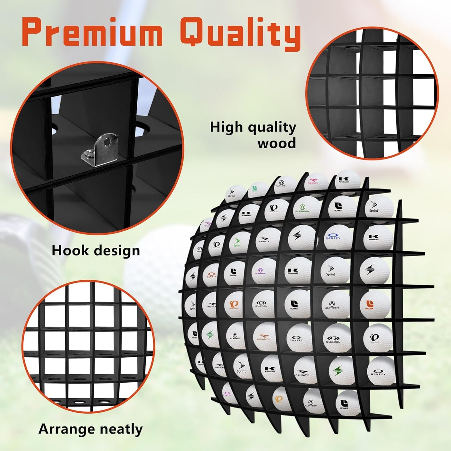 Golf Ball Display up to 52Pcs, Golf Ball Holder Wall Mounted, Golf Ball Rack for Golf Lovers (Black)