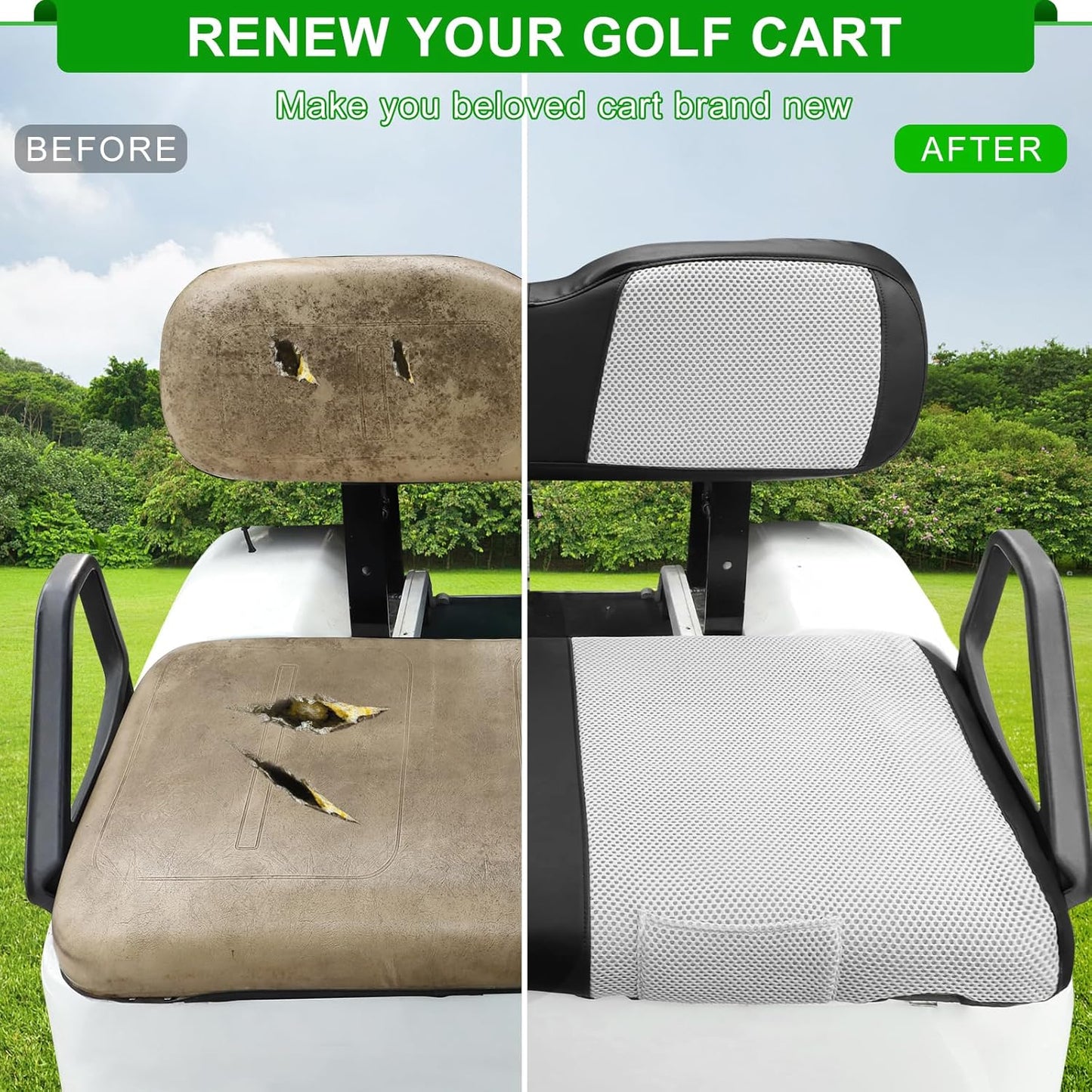 iLSKW Golf Cart Seat Covers for EZGO TXT Seat Cover OEM Front,Breathable Fabric and Leather Front Seat Cover Like Gloves,Full Wrap-Around Design of EZGO TXT (1994-2013) Golf Cart Front Seat Cover