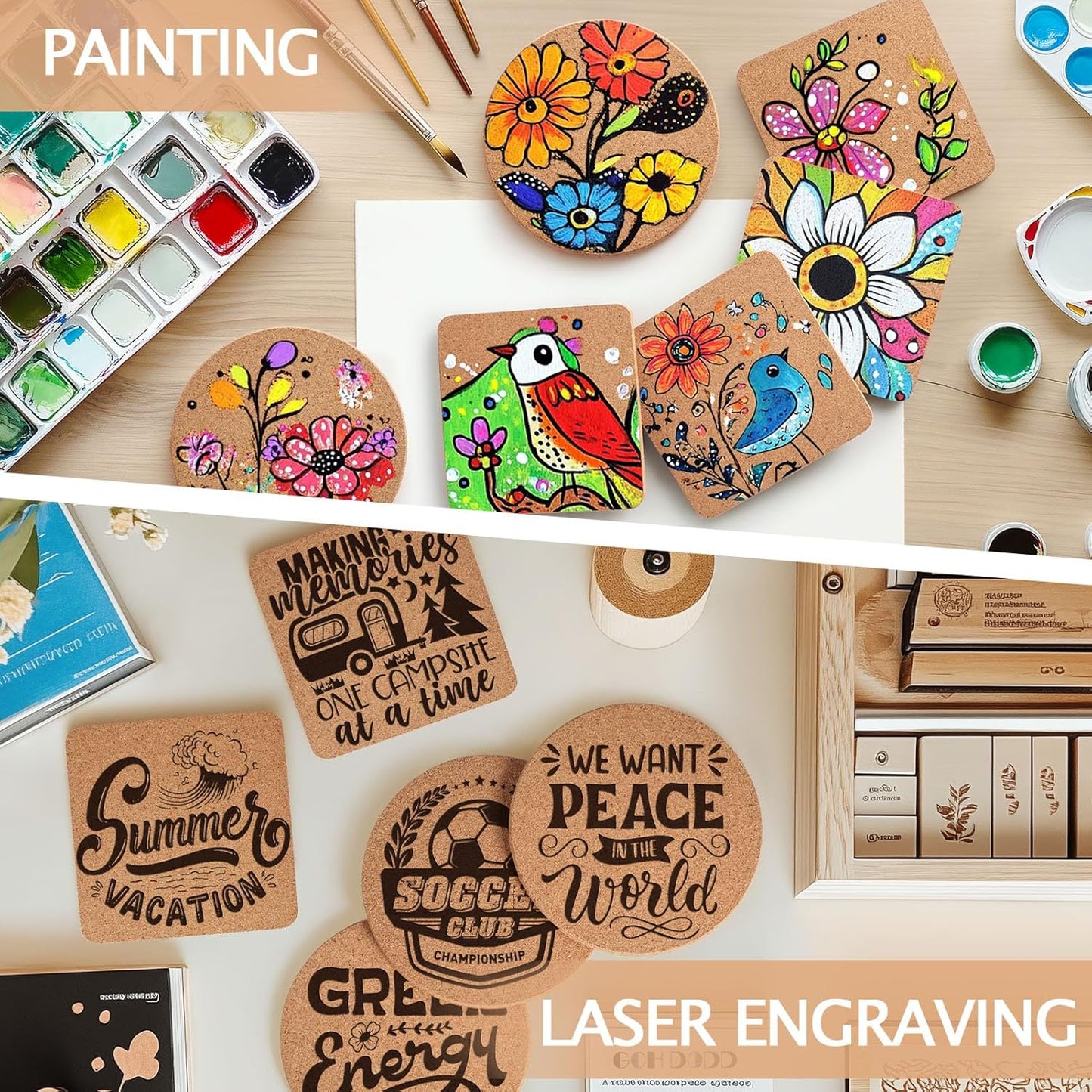 60 Pieces Cork Coasters for Drinks, GOH DODD Thicken Absorbent Blank Coasters for DIY Crafts Laser Engraving Sublimation Wood Burning Plants Painting Housewarming Gifts Wedding Education, 4 Inch