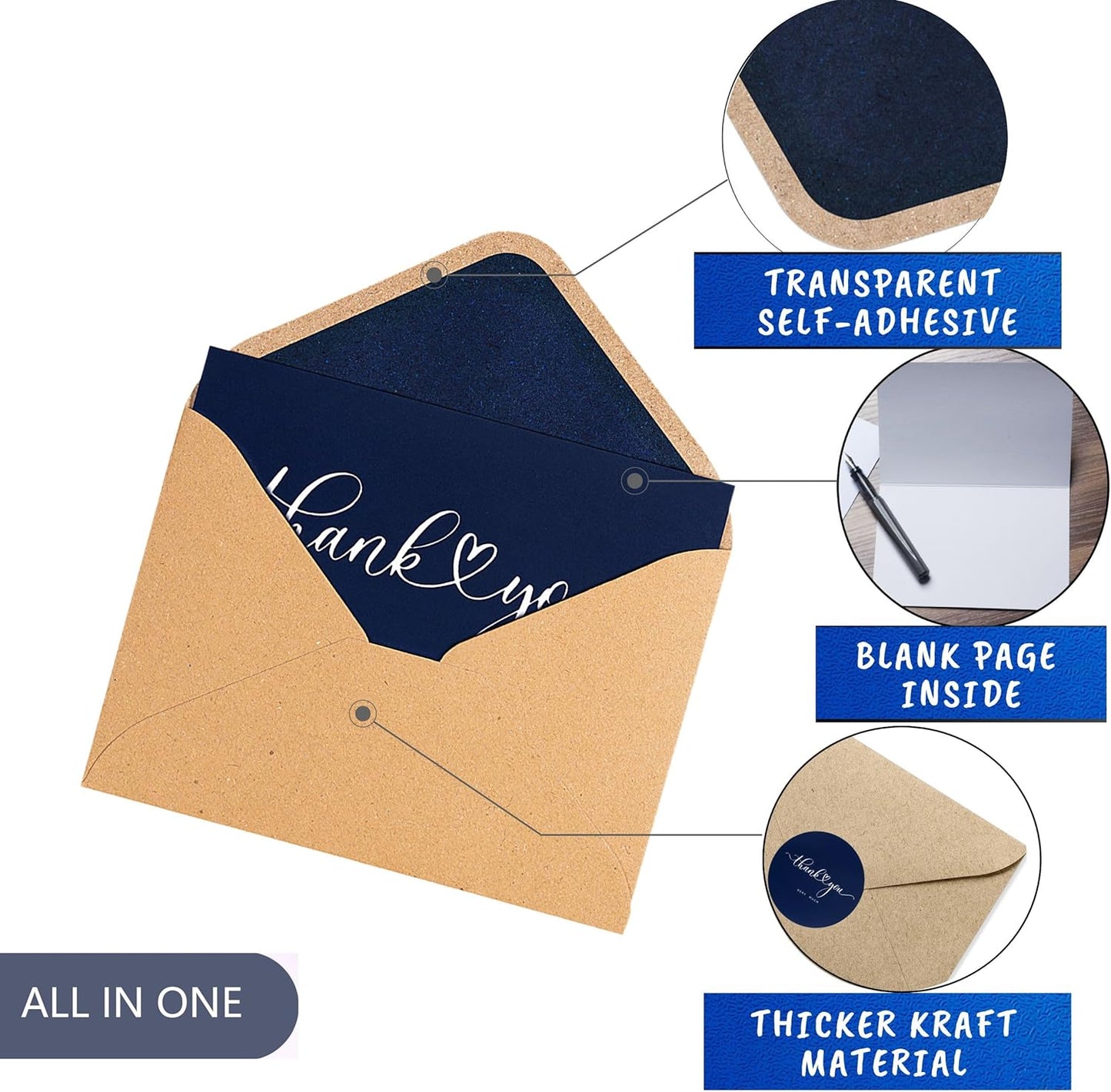 100 Multicolored Thank You Cards with Kraft Envelopes and Stickers - 4 Modern Designs for Wedding, Graduation, Business, Baby Shower