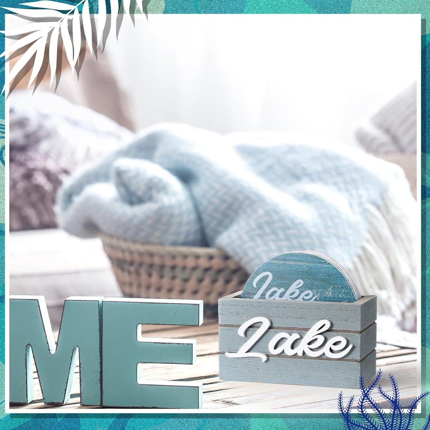 Queekay 6 Set Lake Theme Coasters with Holder for Drinks, Lake Lovers House Gifts, 4'' Wooden Coasters with Sayings Housewarming Gifts for Home Bar Coffee Table Decorations(Blue Color)