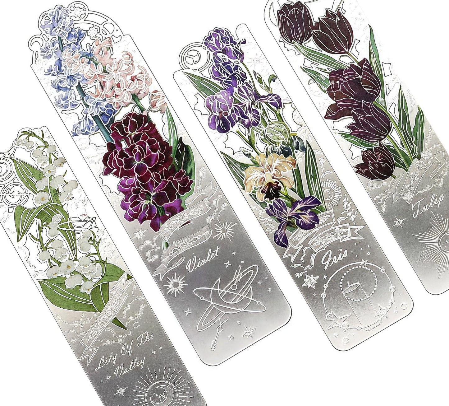 Metal Bookmarks Set on 4 Pieces. Pretty & Beautiful Flower Bookmarks for Women, Female, Mother - Tulip, Violet, Lily, Oriole, Gift Packing