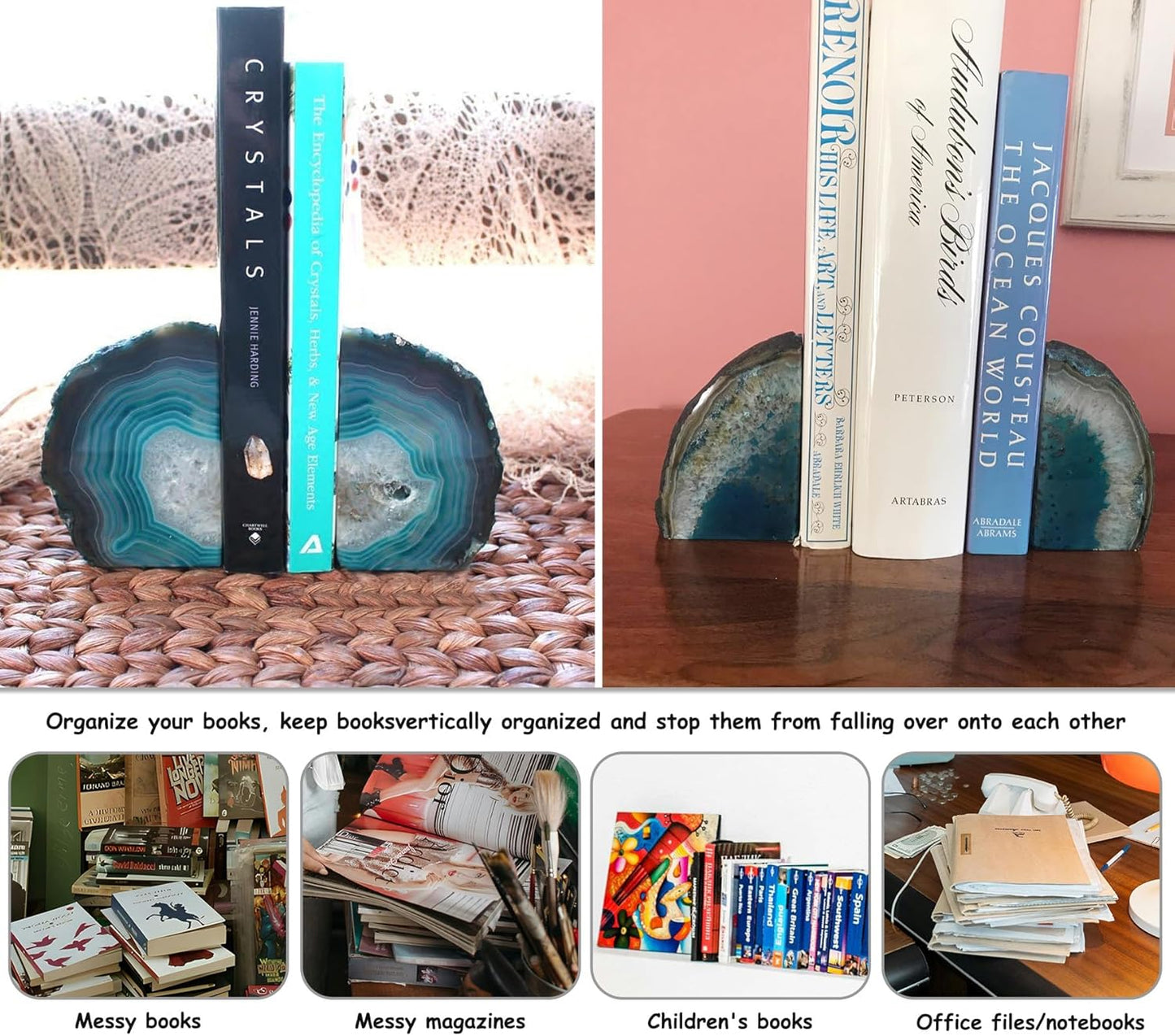 AMOYSTONE Teal Agate Bookends, Large Decorative Crystal Stone Ends 4-6 LBS for Heavy Books, Perfect for Study Room and Office Bookshelf Decor