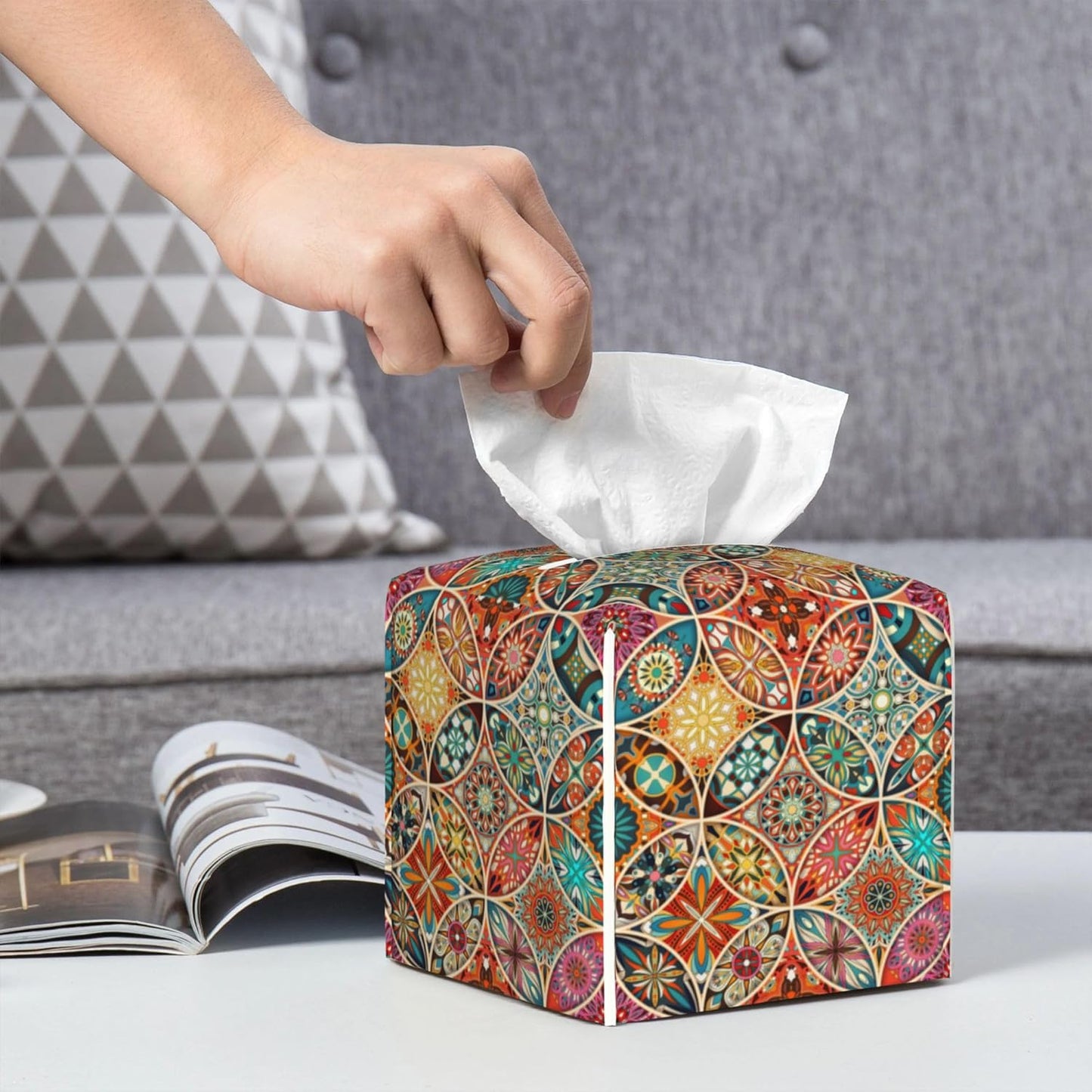 Tissue Box Cover Holder, Vintage Mandala Flowers PU Leather Square Tissue Box Cover Decorative Organizer for Bathroom Kitchen Bedroom Vanity Countertop Night Stands