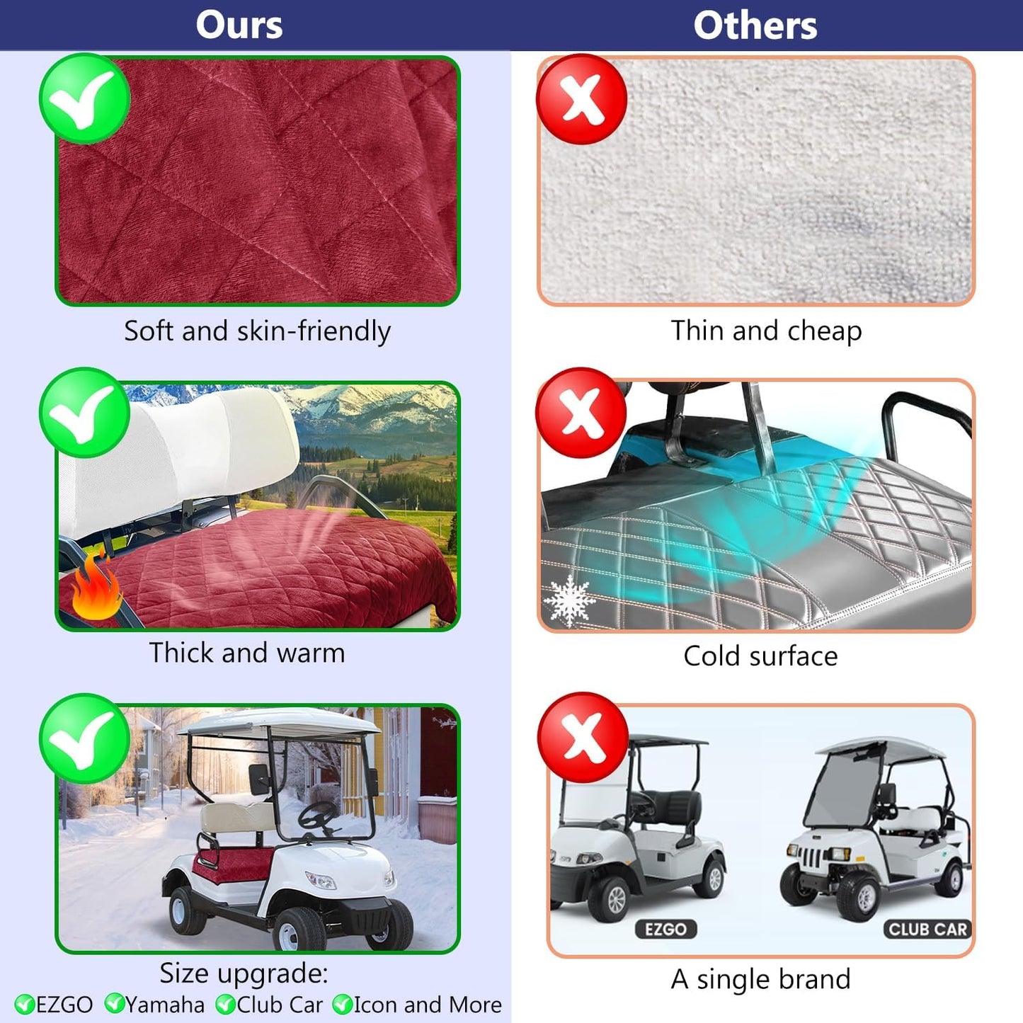 YOKYHOM Golf Cart Seat Covers, Golf Cart Seat Towel Blanket, Short Plush Surface, Soft and Comfortable, Suits EZGO, Yamaha, Club Car and Other 2-Seat Golf Carts, 51"x 30.5", Wine Red