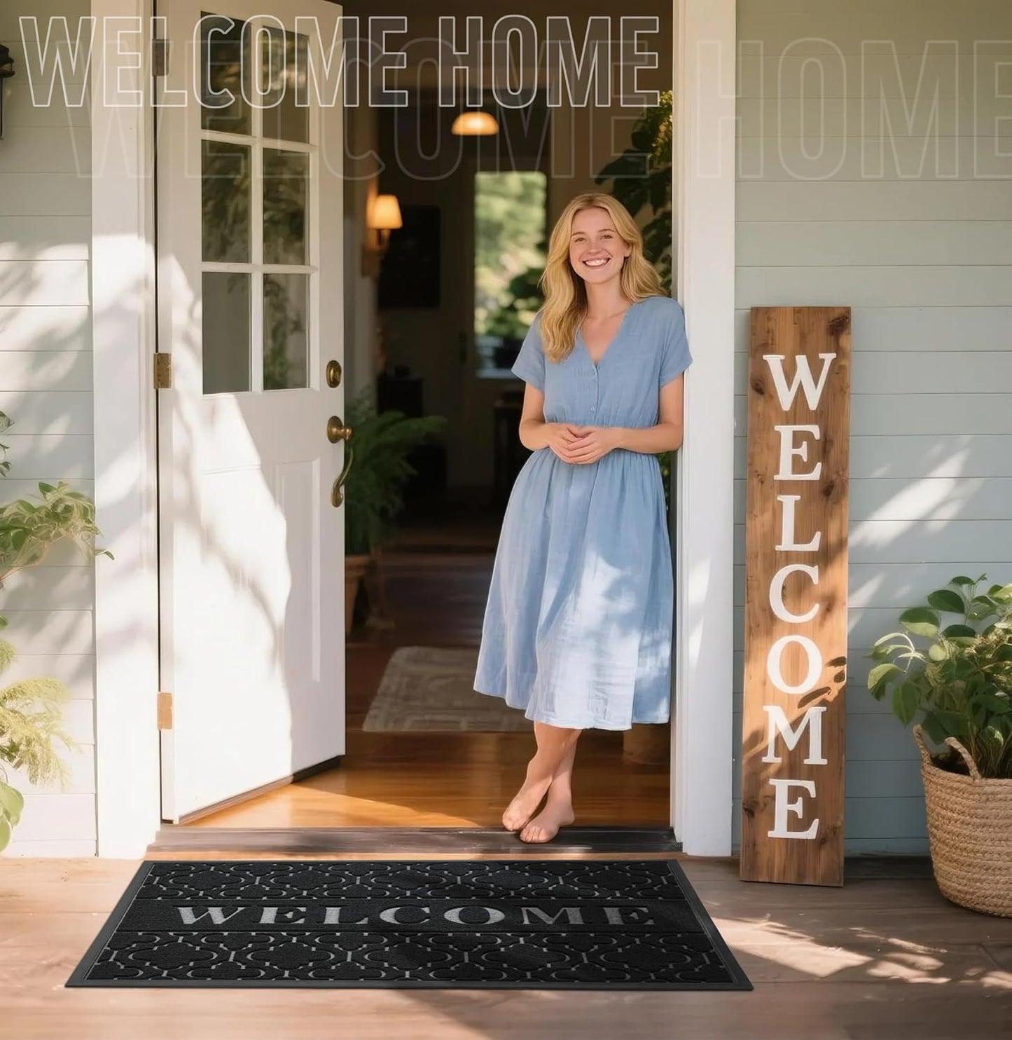 Yimobra Welcome Mat Outdoor Indoor, All-Season Waterproof Front Door Mat Outside Entrance, All-Weather Heavy Duty Non-Slip Doormat, Low Profile Porch Patio Entrance Mats, 47x24, Black