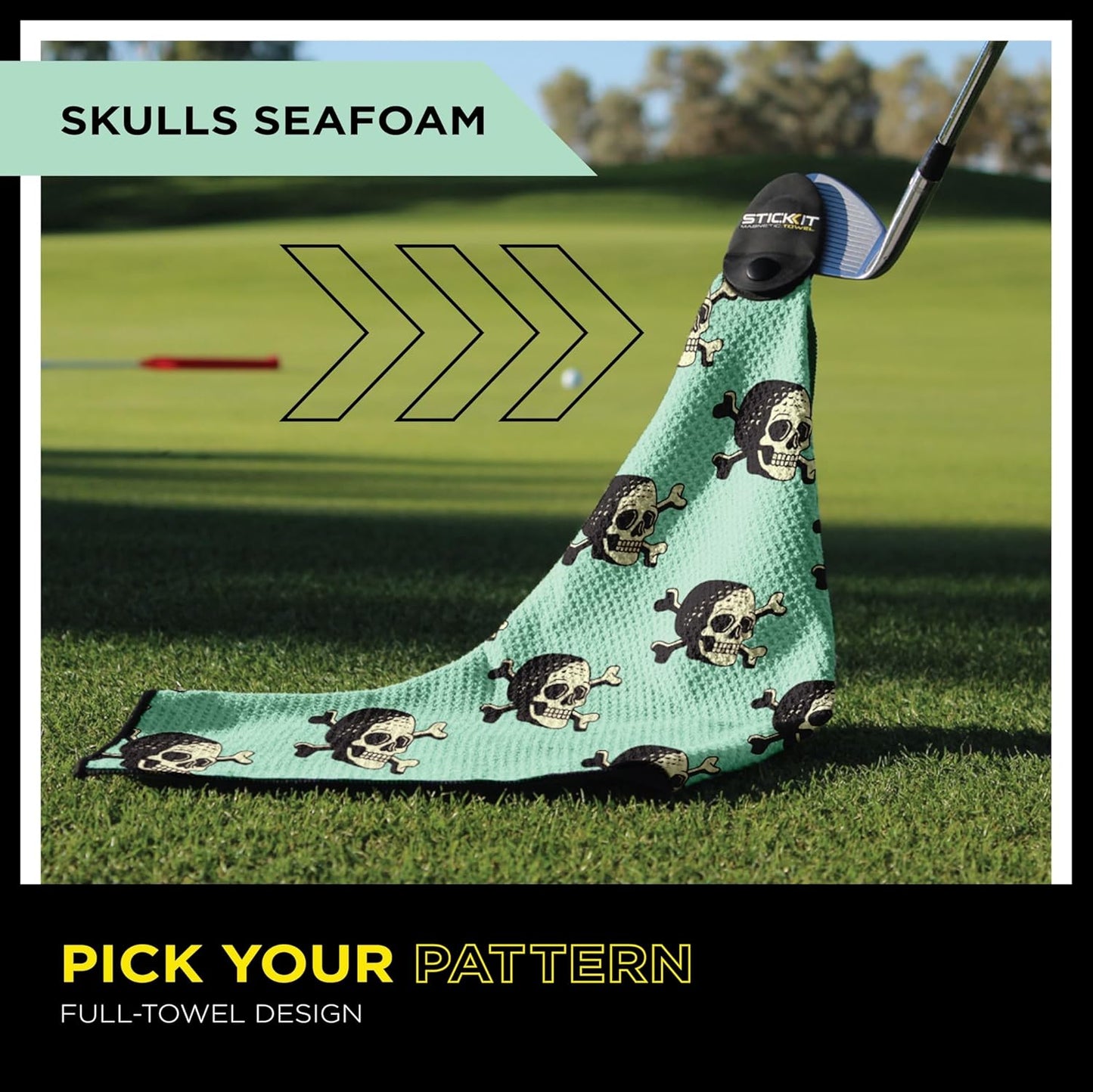 STICKIT Magnetic Seafoam Green Golf Towel with Golf Ball Skulls | Top-Tier Microfiber Golf Towel with Deep Waffle Pockets | Industrial Strength Magnet for Strong Hold to Golf Carts or Clubs