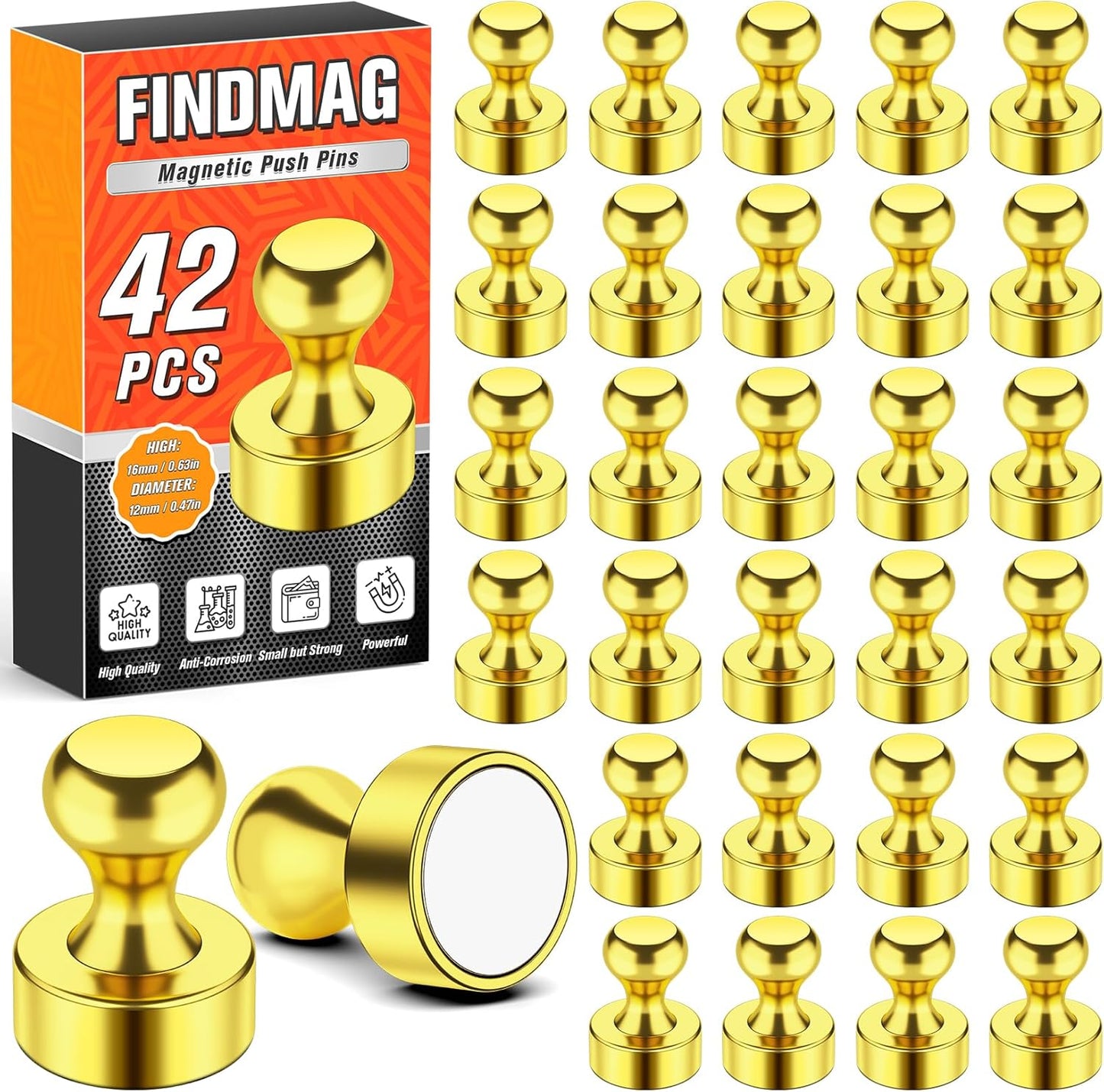 FINDMAG Fridge Magnets, Heavy Duty Aesthetic Refrigerator Magnets, Strong Small Magnetic Push Pins for Whiteboard, Cool Gold Locker Magnet for Office, Kitchen, Classroom, Home Decor, Pack of 42