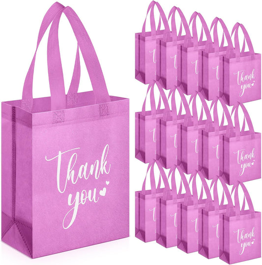 Sweetude 30 Pcs Thank You Gift Bags with Handles Bulk Reusable Goodie Bag Non Woven Foldable Handbag for Graduation Wedding Bridesmaid Gifts (10 x 8 x 4 Inch,Pink)