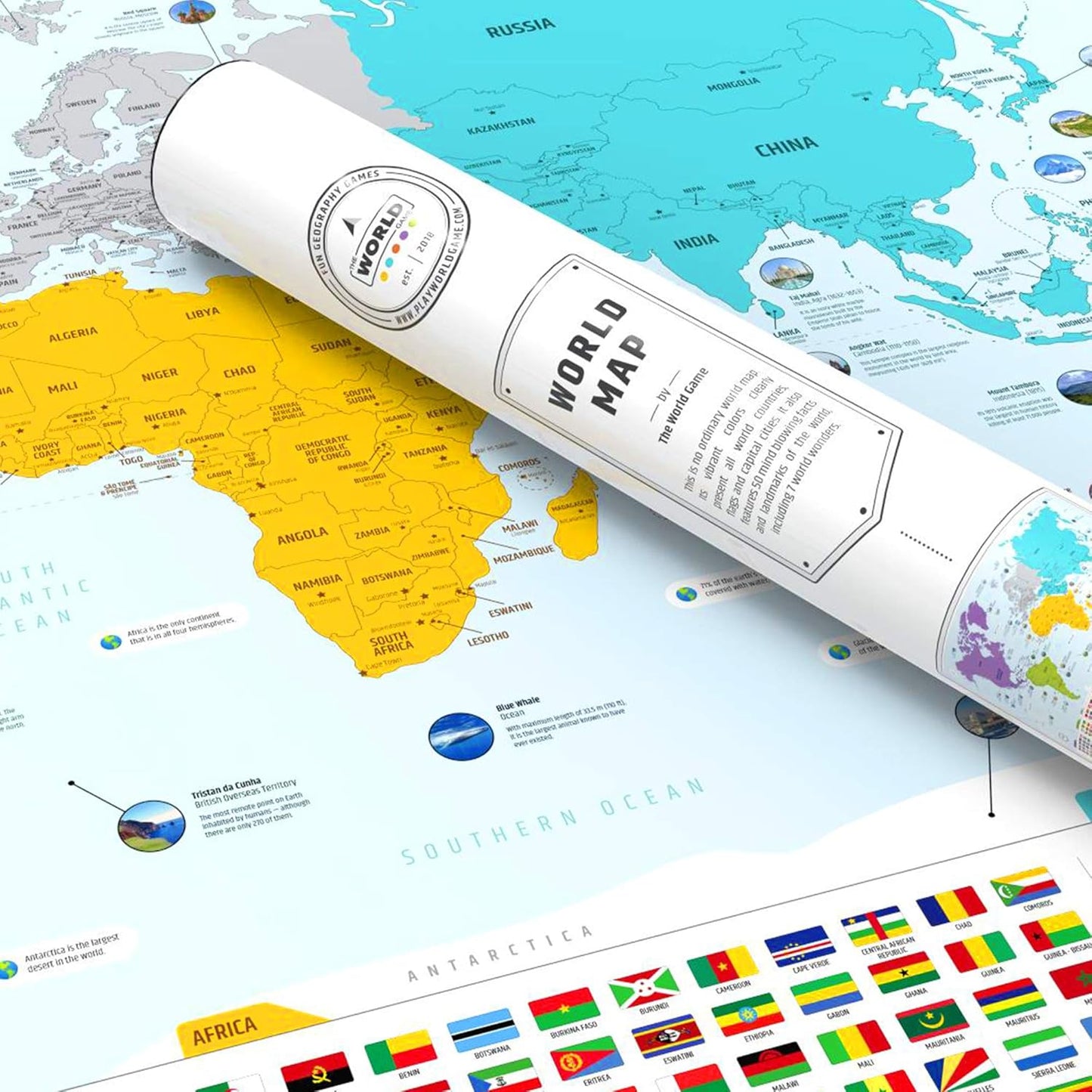 Large World Map for Wall - Poster with Flags & Capitals - Educational World Map for Kids & Adults - Colorful Global Maps with 50 Interesting Facts - Classroom & Homeschool Decor