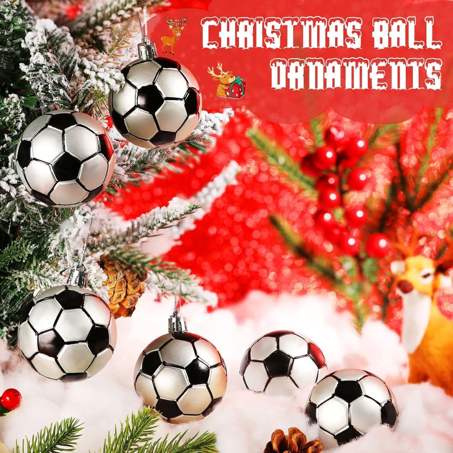 Leitee 12 Pcs Christmas Plastic Soccer Ball 2.36 Inch Xmas Tree Ornaments with Hanging Loop Sports Theme Decorative Hanging Ornaments for Holiday Party Christmas Tree Home