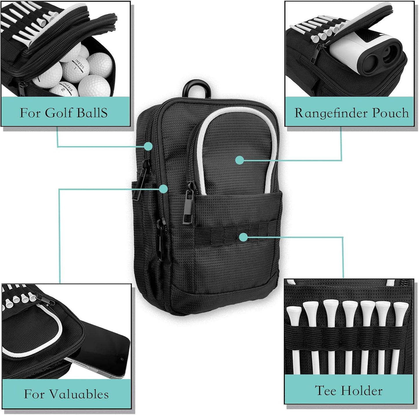 Tactical Golf Valuables Pouch with Clip-On Carabiner – Water-Resistant Golf Tee Bag Pouch for Belt, Cart or Backpack – Compact Golf Accessory Bag for Balls, Tees, Gloves & EDC Gear Black/White