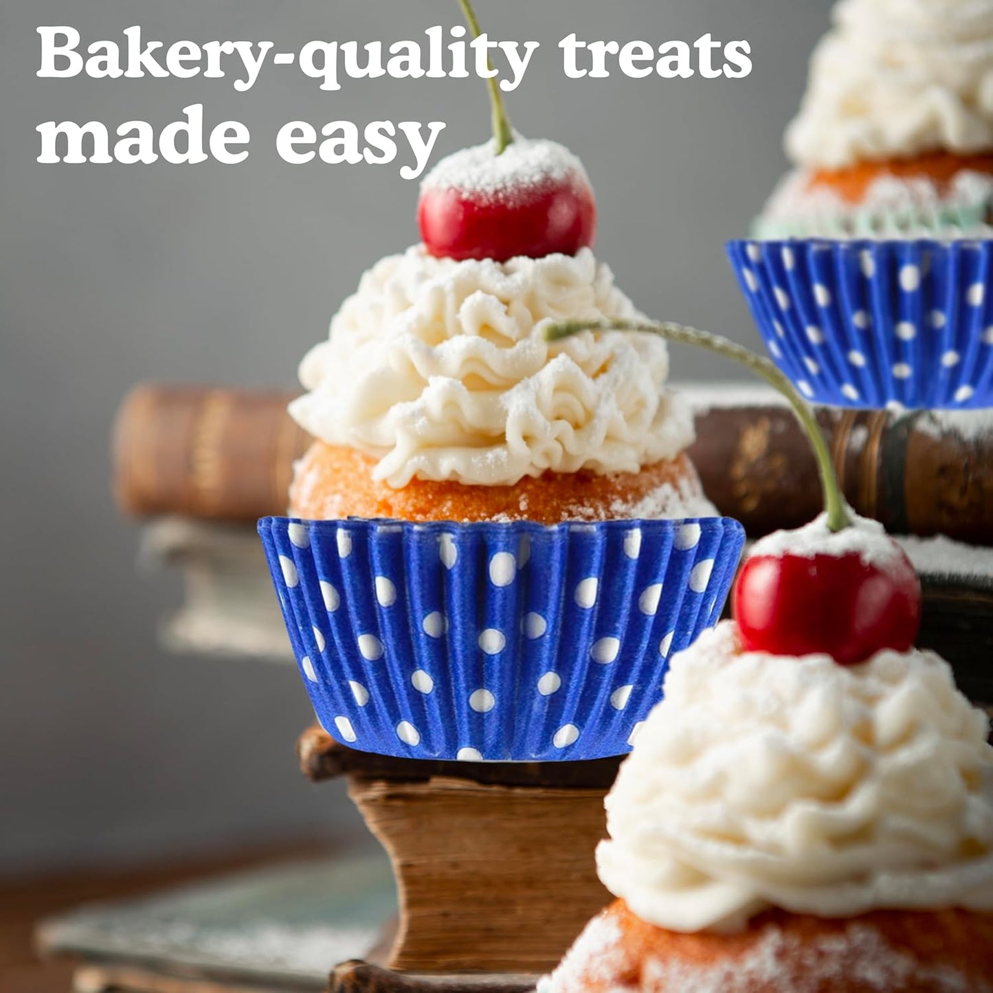 Regency Wraps Greaseproof Professional Grade Baking Cups, Pack of 40, Standard Liners, Cobalt Blue Polka Dots, for Cupcakes, Muffins, Candy, Non Stick