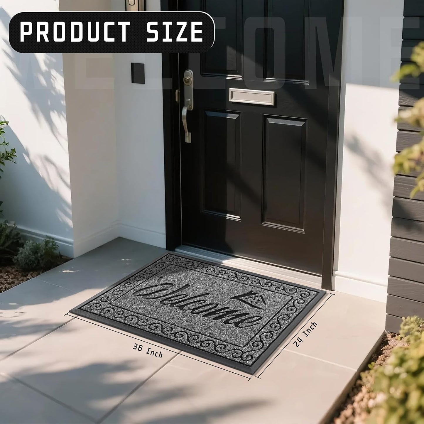 Yimobra Welcome Mat Outdoor Indoor, Waterproof Heavy Duty Front Door Mat Outside Entrance, Extra Sturdy Non-Slip Doormat, Low Profile, Dirt Trapping, 36x24 Inches, Black Gray